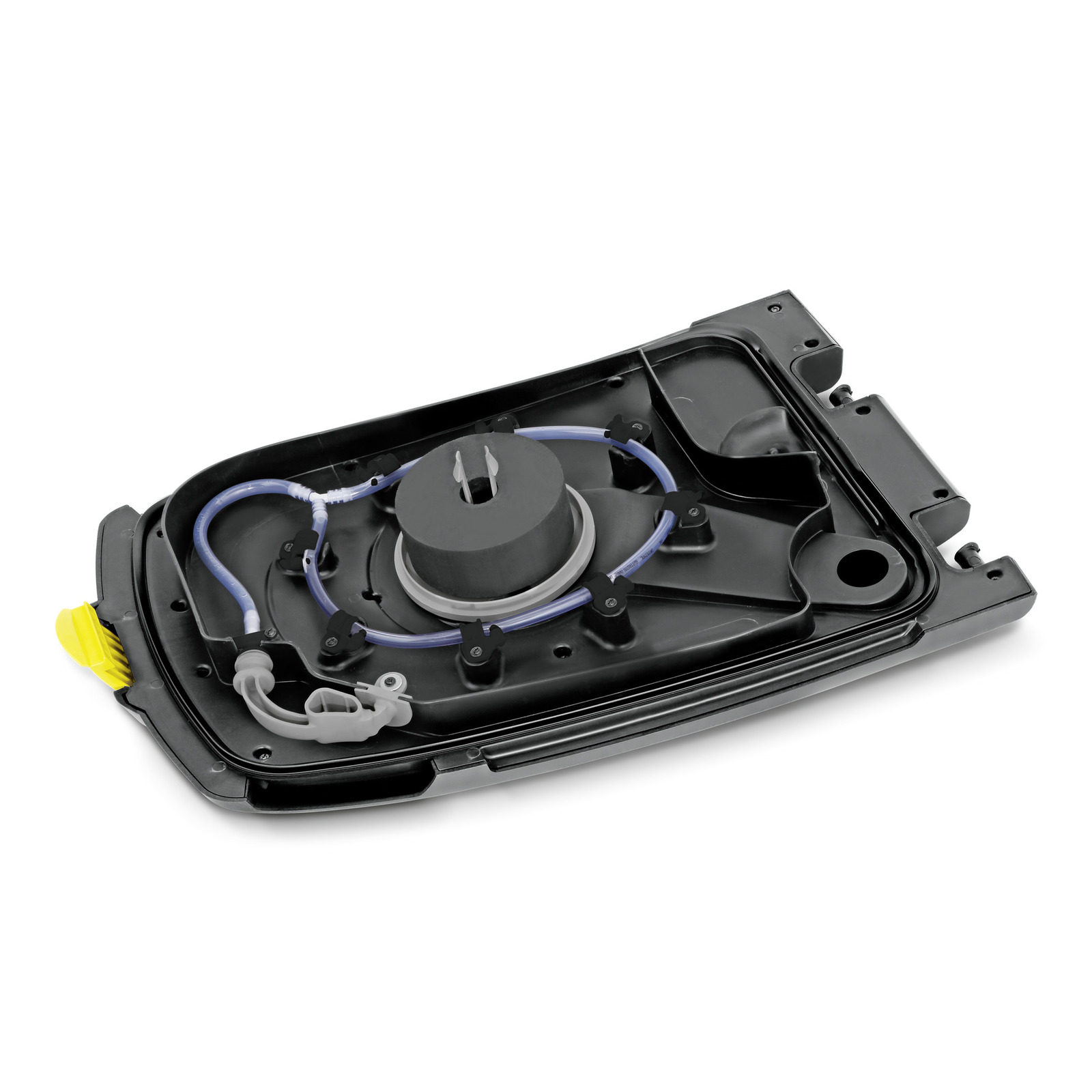 Black Kärcher robotic lawnmower docking station base with cables and connectors.