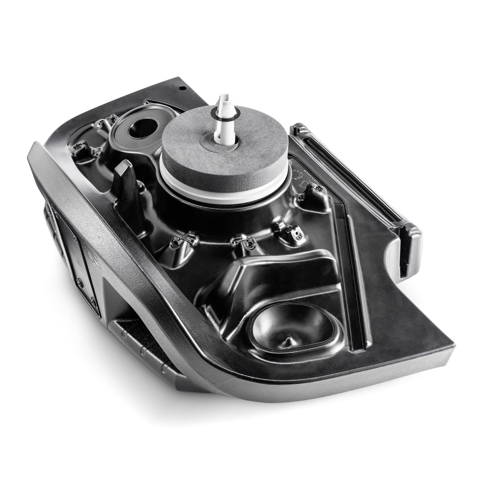 Black Kärcher replacement part with a circular component on top, featuring a central white nozzle, set against a white background. Black Kärcher replacement part with a circular component on top, featuring a central white nozzle, set against a white background.