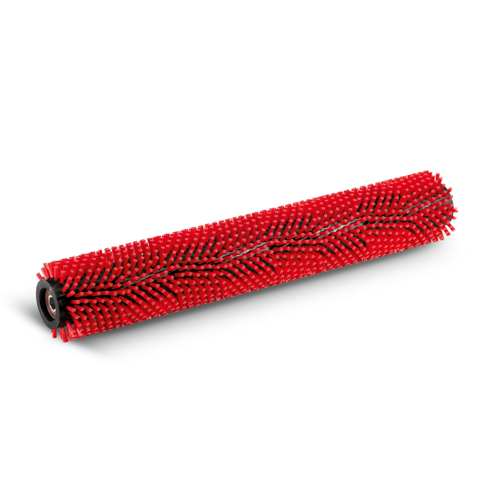 Red cylindrical brush with dense bristles, featuring a black core and metal bearings on each end.