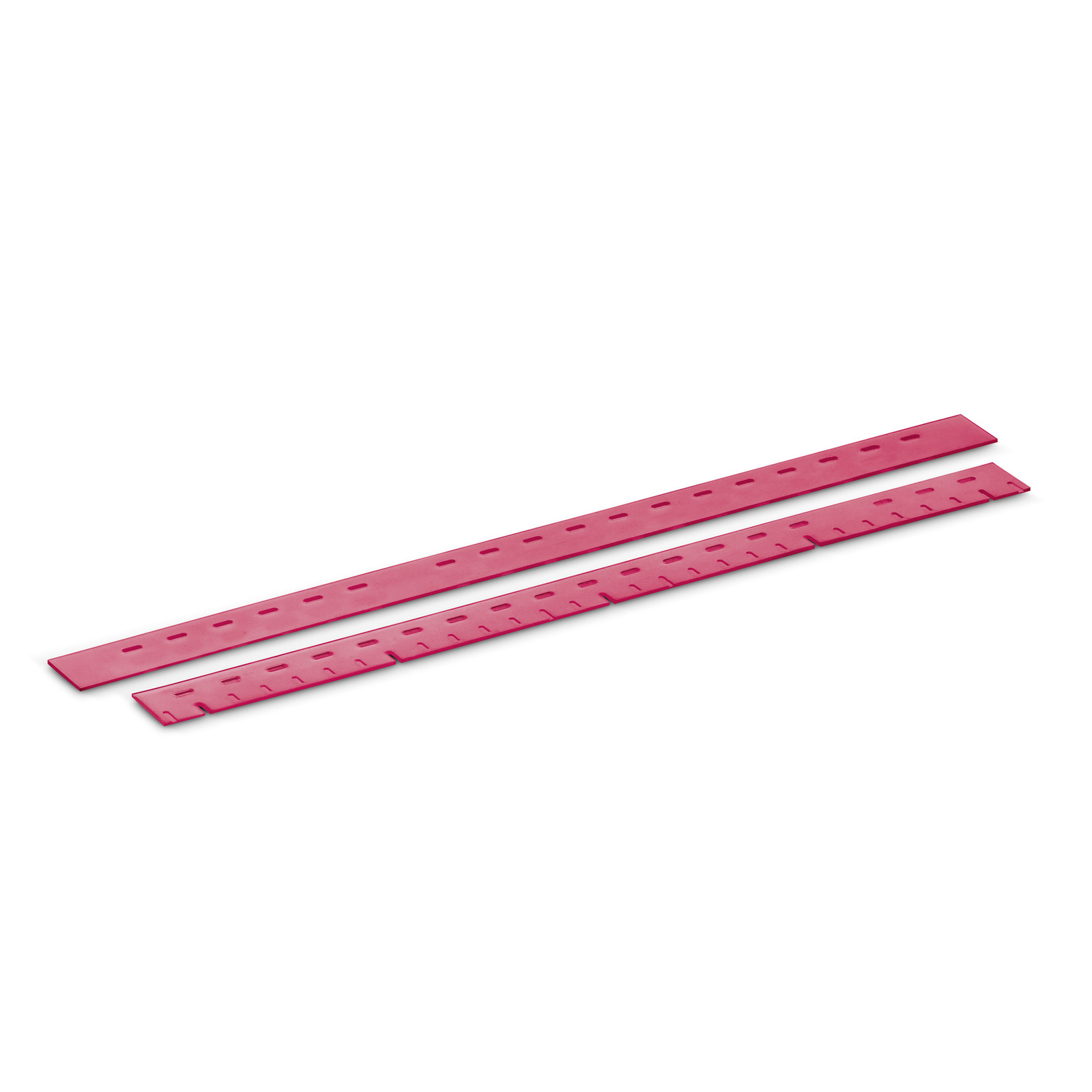 Two pink rubber strips with evenly spaced holes, placed diagonally on a white background. Two pink rubber strips with evenly spaced holes, placed diagonally on a white background.