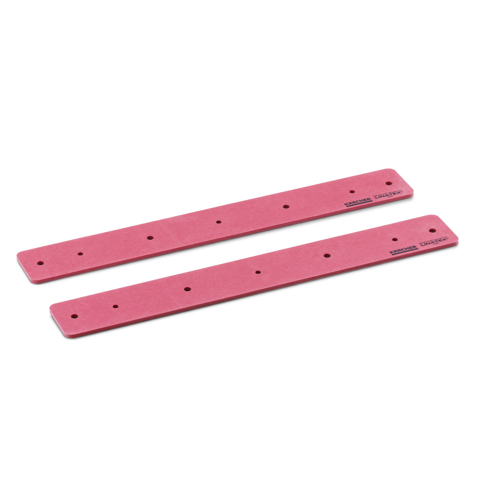 Two red Kärcher rubber blades with multiple holes, placed parallel on a white background. Two red Kärcher rubber blades with multiple holes, placed parallel on a white background.