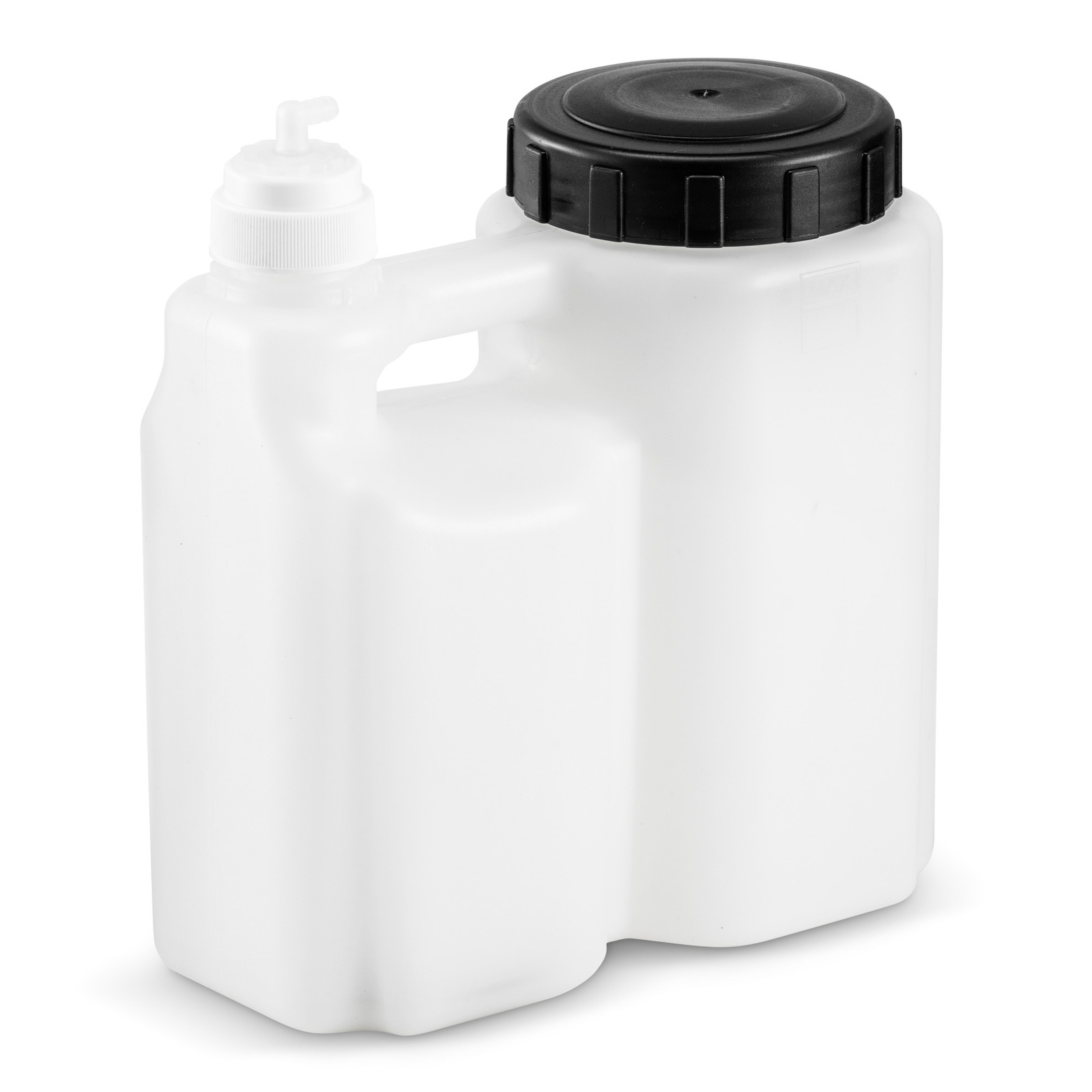 White plastic container with a black screw cap and a smaller white pump dispenser, isolated on a white background.
