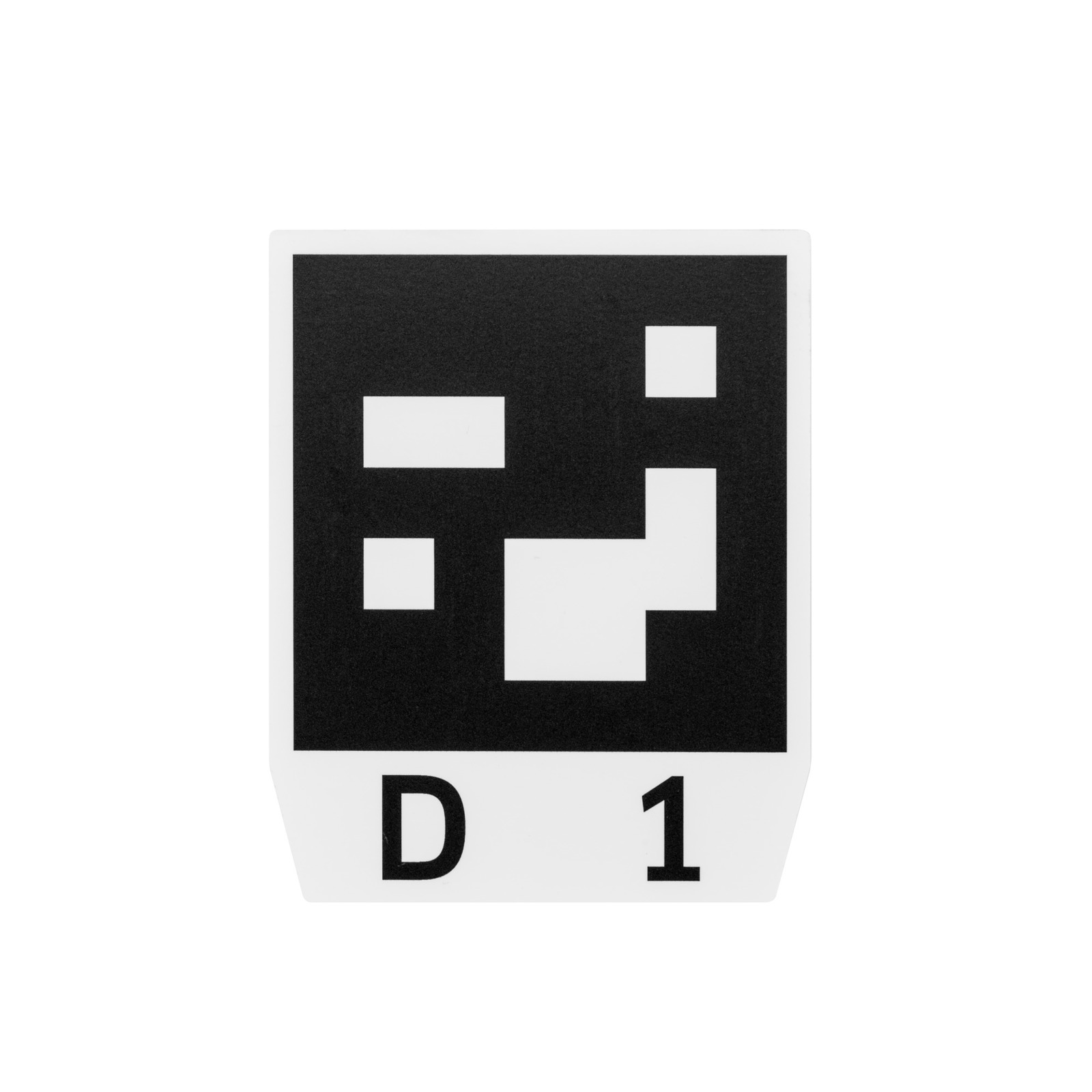 Black and white fiducial marker with geometric shapes and text "D 1" at the bottom.