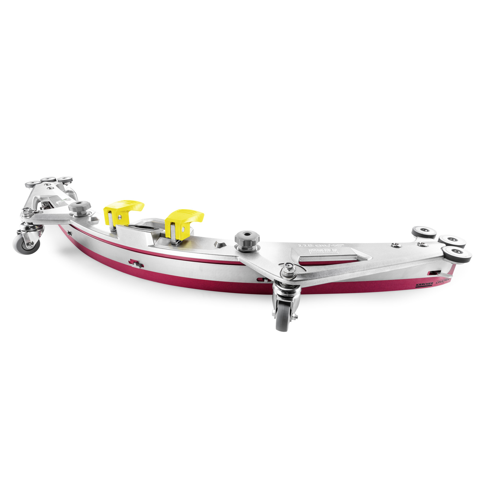 Kärcher floor cleaning tool with metal frame, red base, and yellow handles, featuring swivel wheels on a white background. Kärcher floor cleaning tool with metal frame, red base, and yellow handles, featuring swivel wheels on a white background.