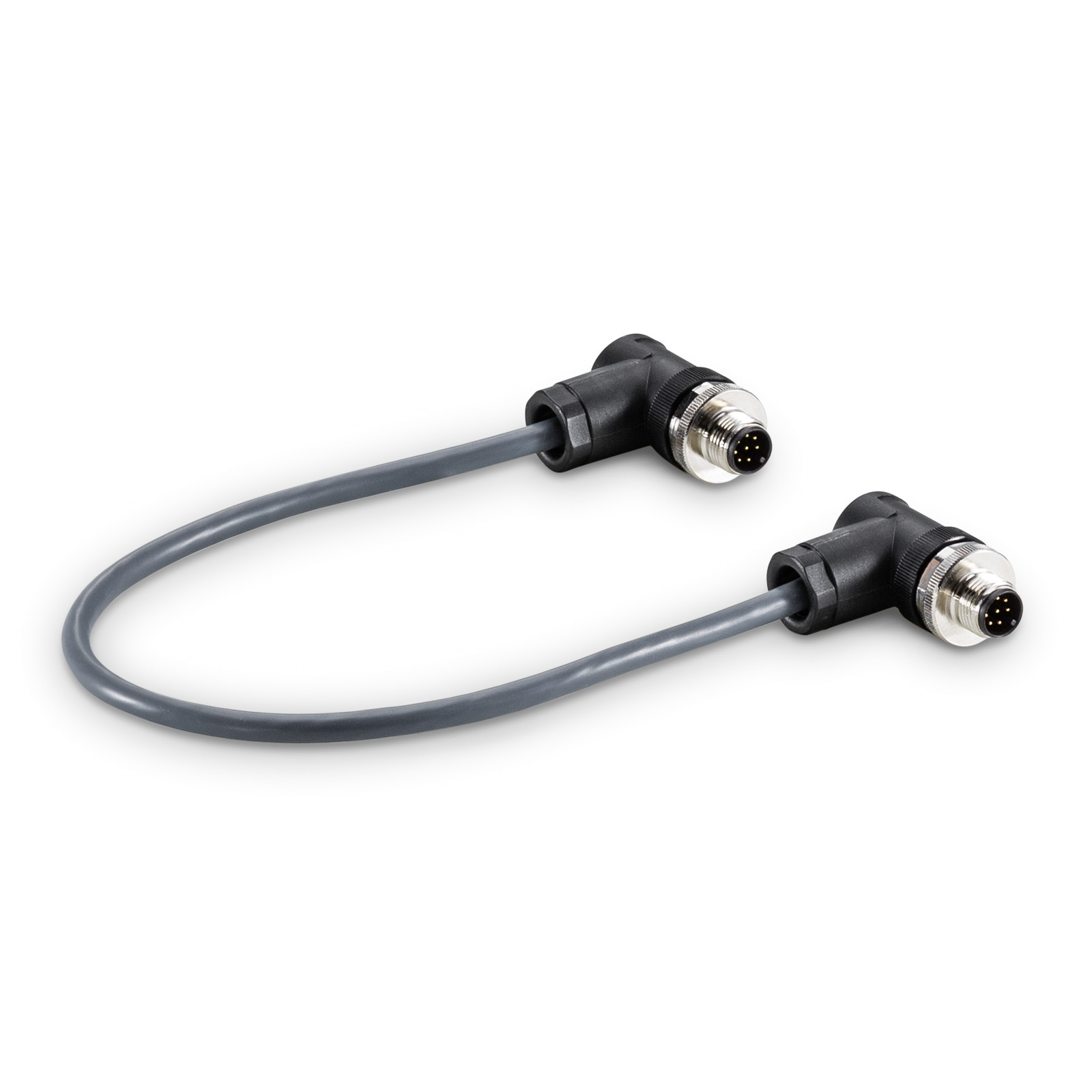 Grey cable with two black and silver right-angle connectors on each end, against a white background. Grey cable with two black and silver right-angle connectors on each end, against a white background.