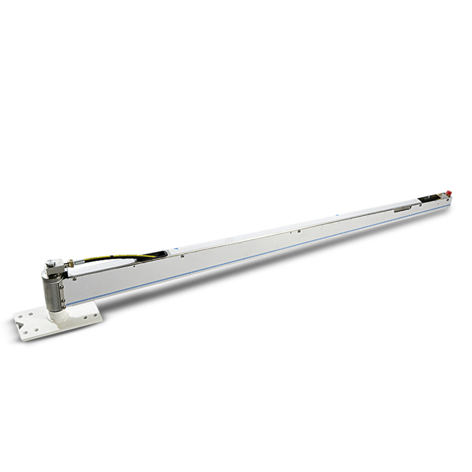 Long, white linear actuator with a cylindrical motor at one end, mounted on a flat base. Long, white linear actuator with a cylindrical motor at one end, mounted on a flat base.