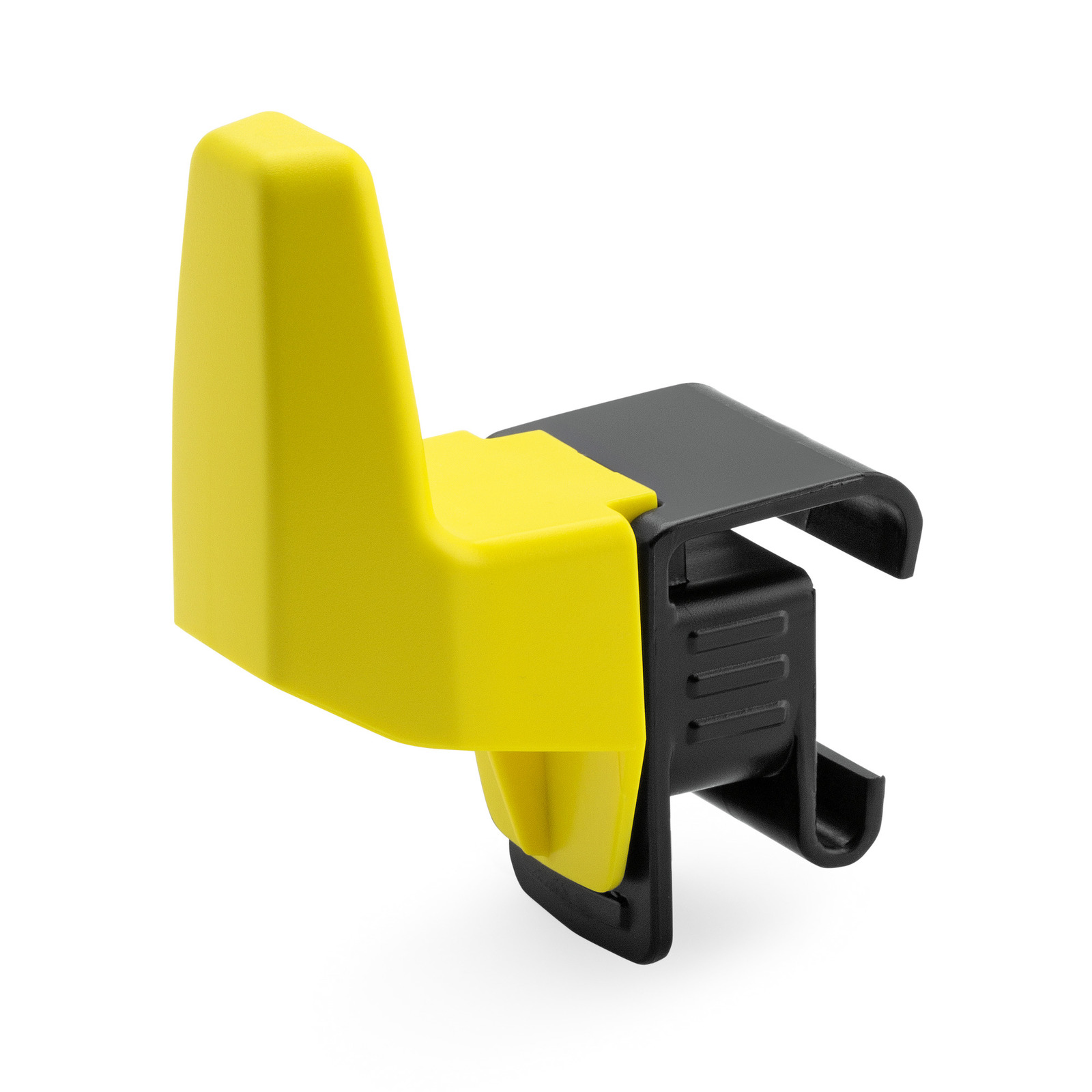 Yellow and black Kärcher accessory clip with a hook design, isolated on a white background.