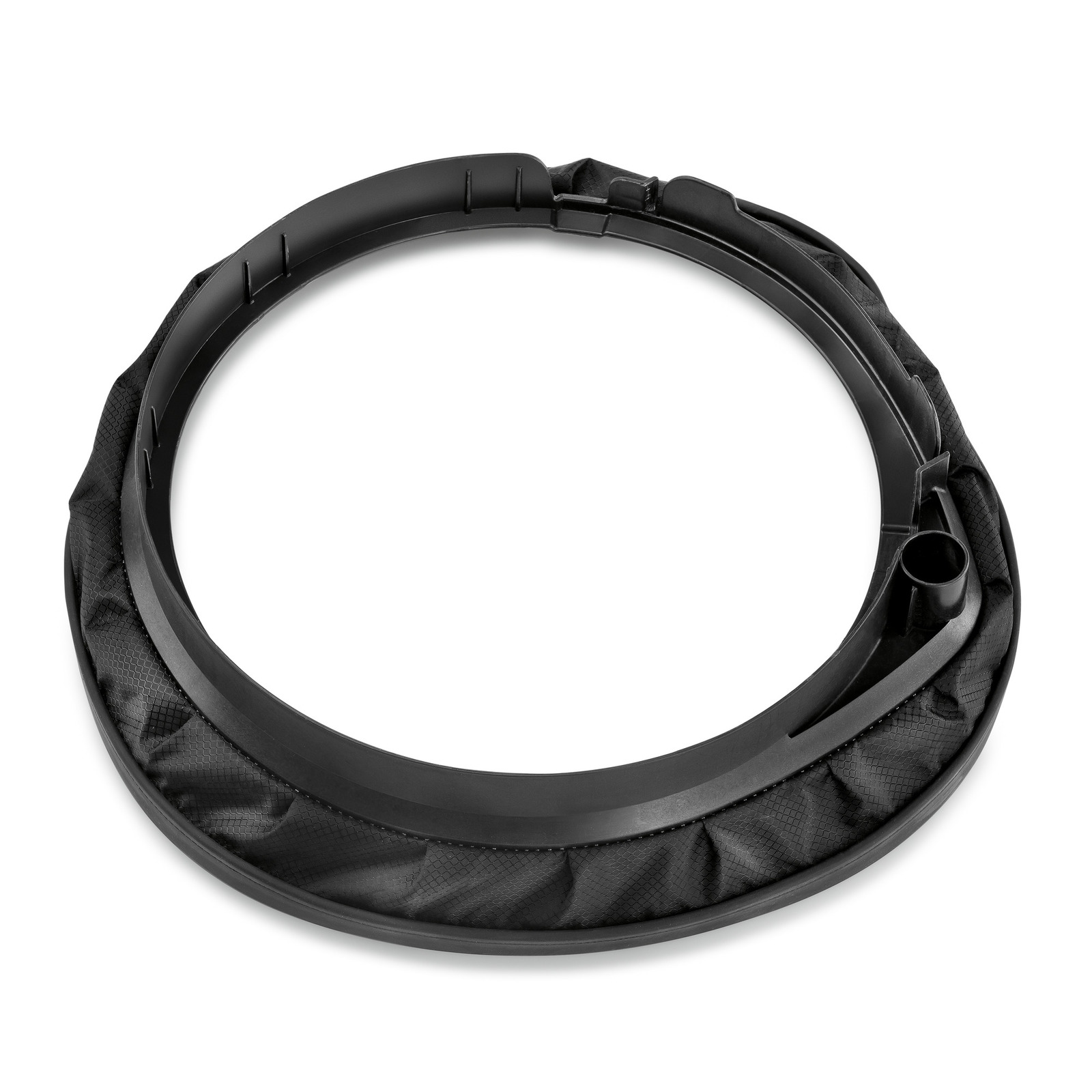 Black circular Kärcher splash guard with textured fabric lining and a small protruding nozzle. Black circular Kärcher splash guard with textured fabric lining and a small protruding nozzle.