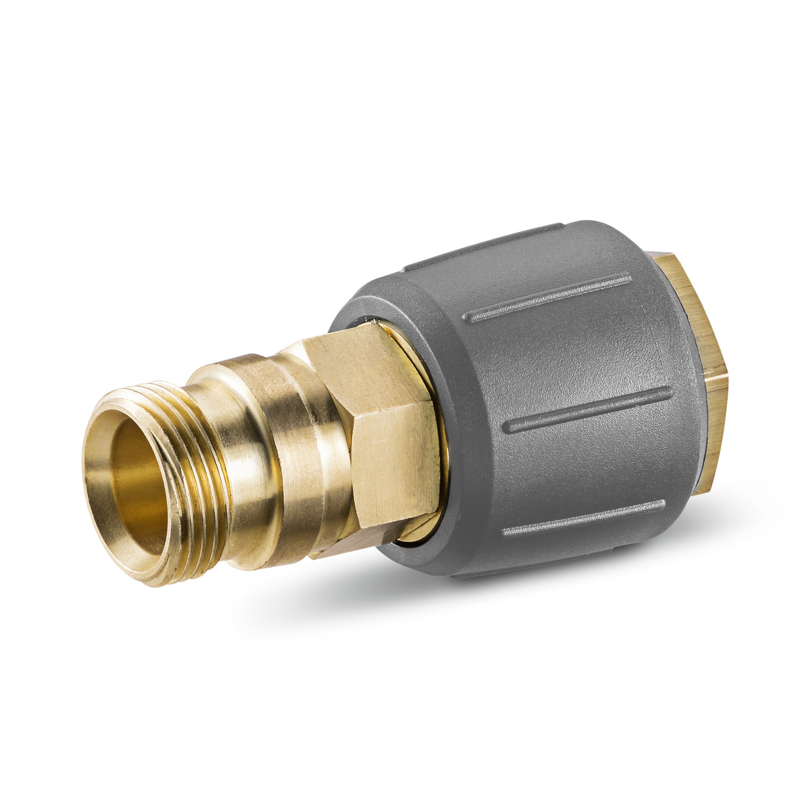 Brass and grey Kärcher hose connector with threaded end.