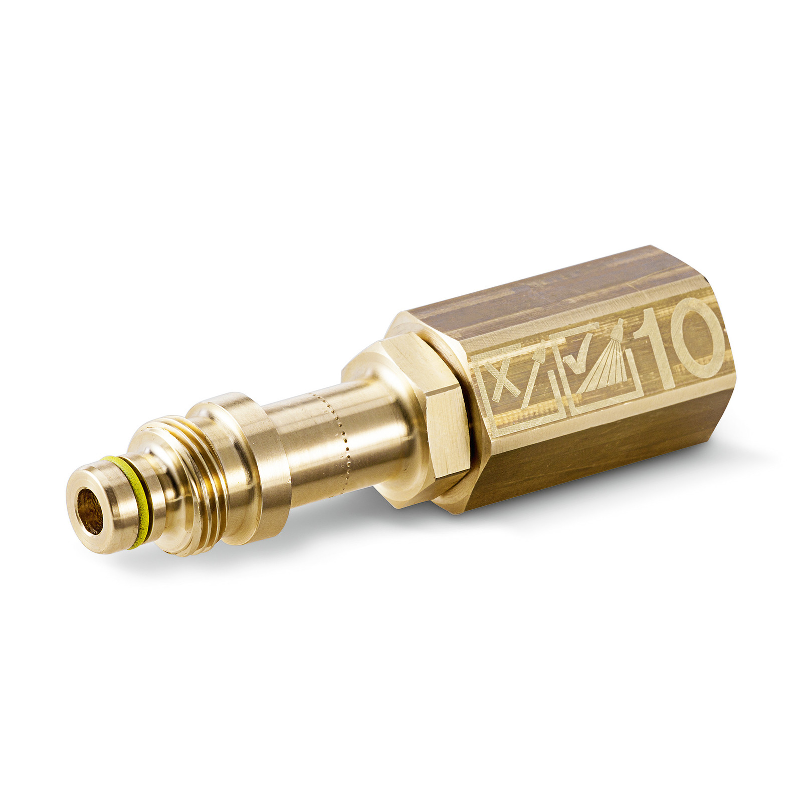 Brass nozzle with engraved symbols and numbers, featuring a threaded end and a green rubber ring.