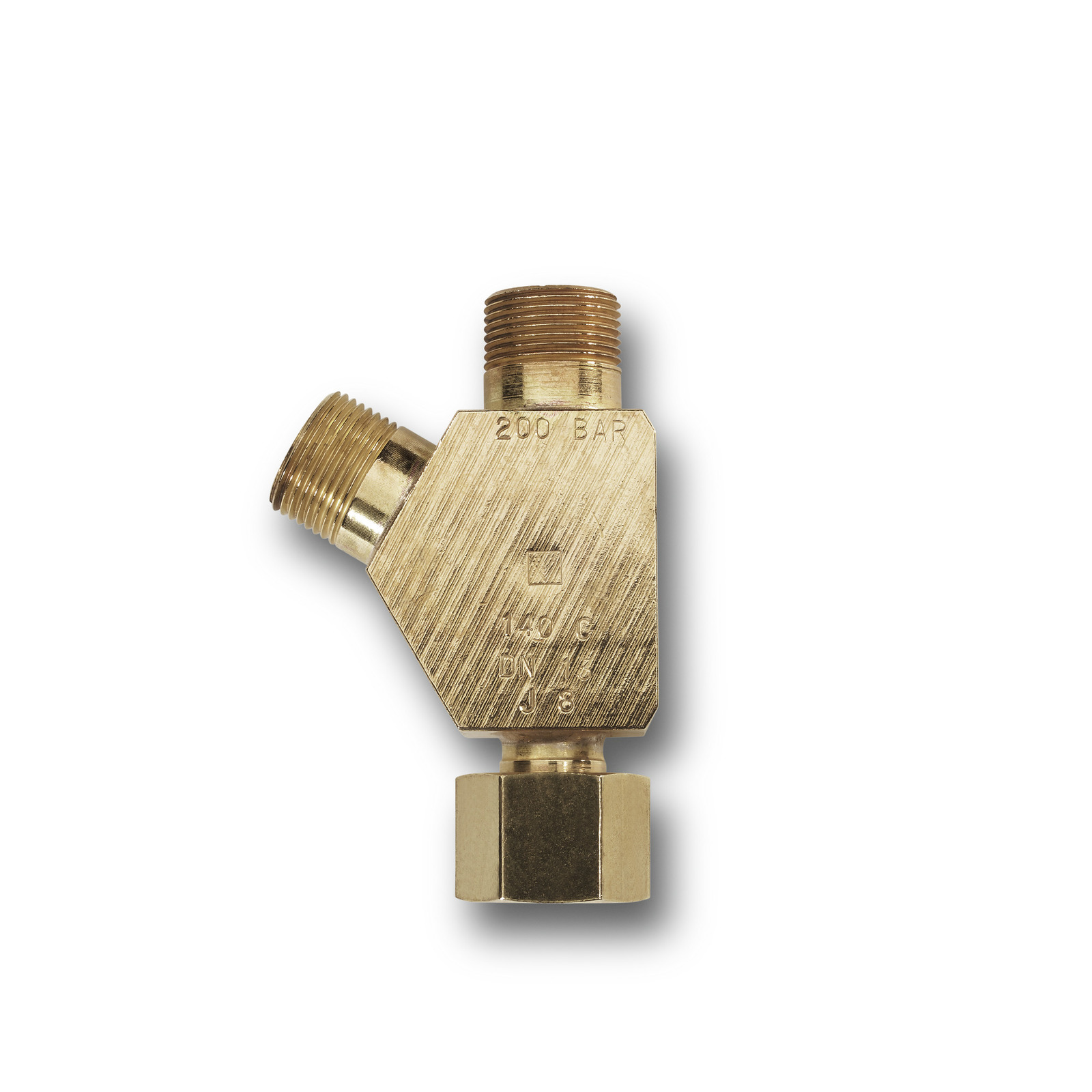 Brass pressure valve with three threaded connections, marked with "200 BAR" and other specifications, isolated on a white background. Brass pressure valve with three threaded connections, marked with "200 BAR" and other specifications, isolated on a white background.