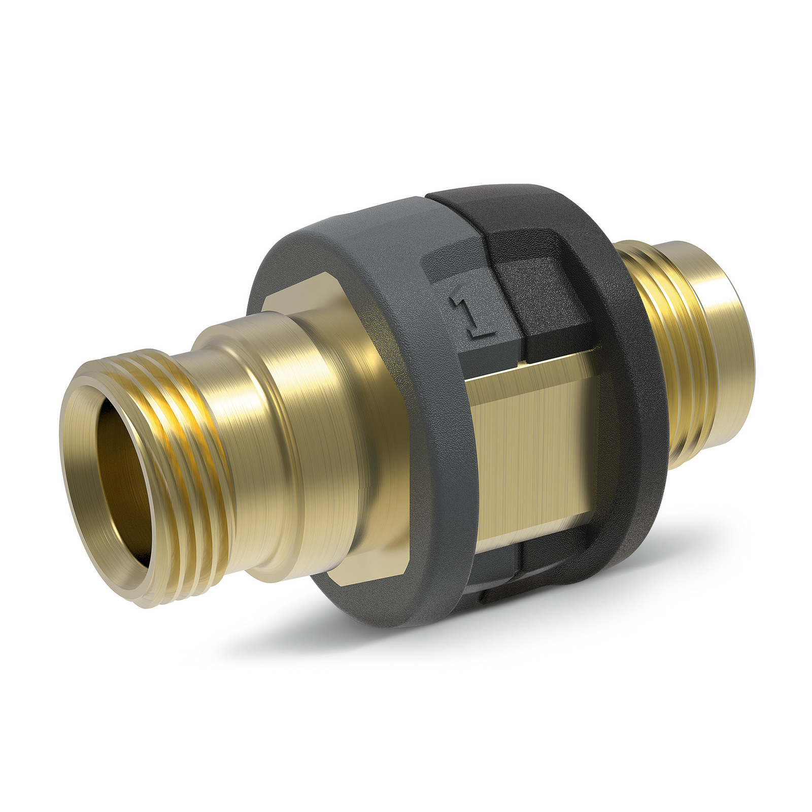 Brass connector with threaded ends and a black plastic grip, featuring a number "1" embossed on the side.