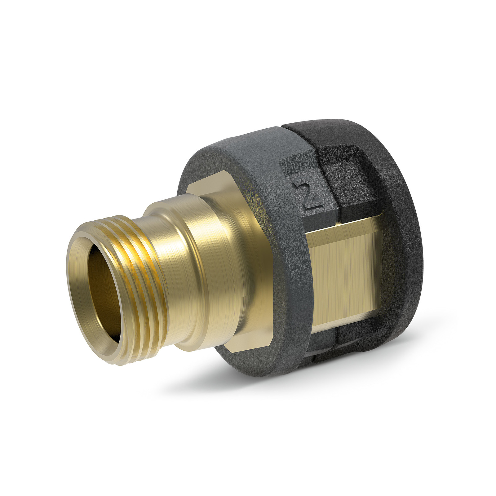 Brass hose connector with black plastic grip, featuring a threaded end and embossed number "2" on the grip. Brass hose connector with black plastic grip, featuring a threaded end and embossed number "2" on the grip.