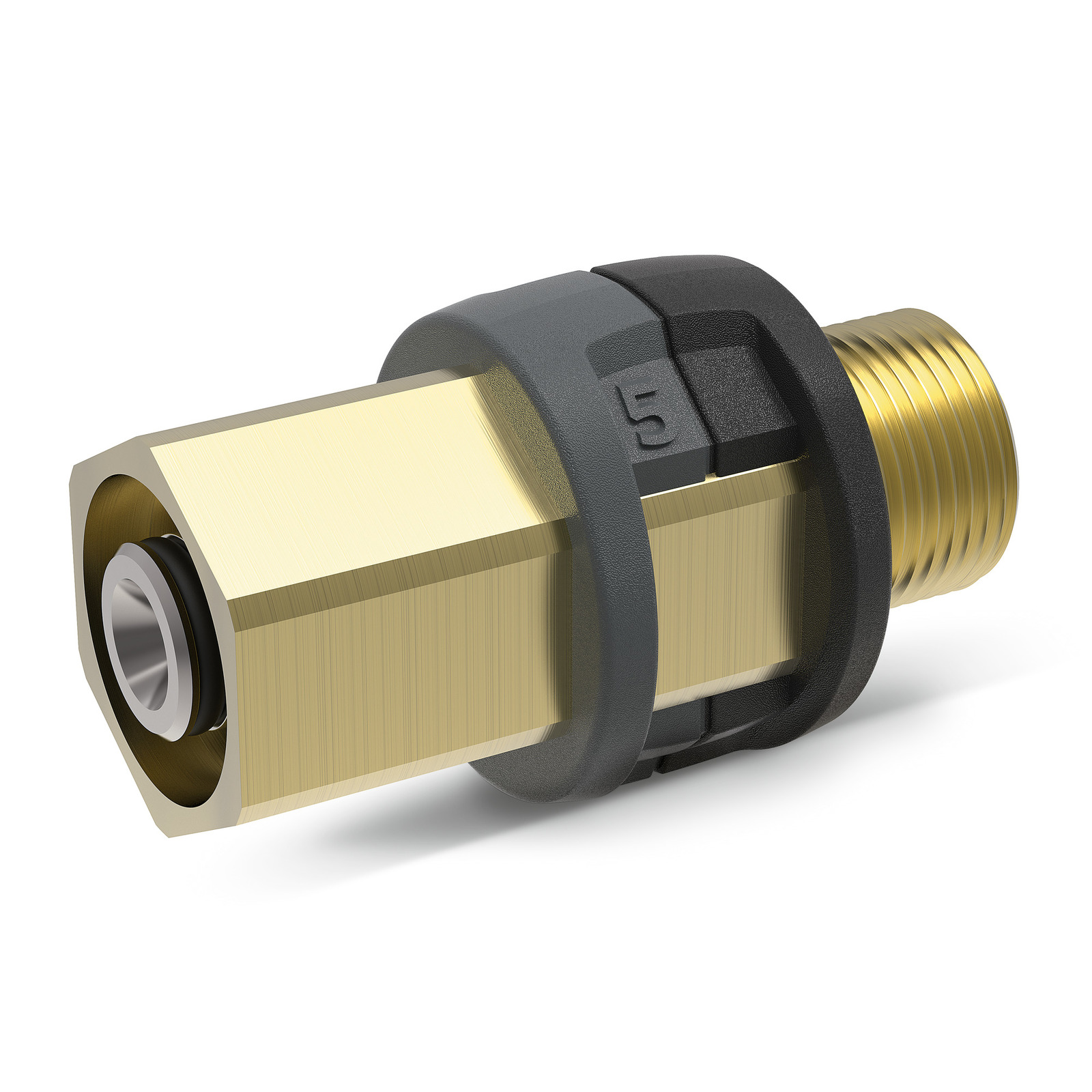 Brass hexagonal connector with black plastic ring and threaded end, isolated on white background.