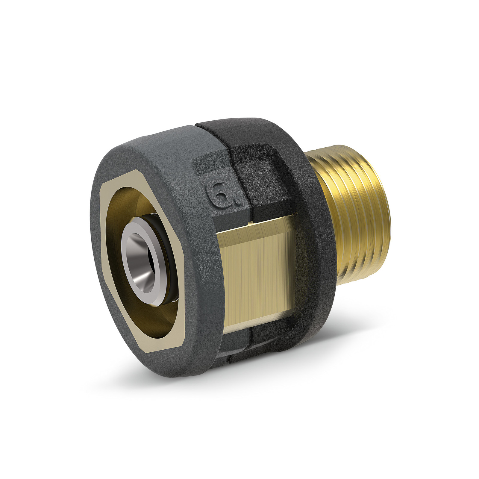 Brass and black plastic threaded connector with hexagonal shape, featuring a number 6 marking. Brass and black plastic threaded connector with hexagonal shape, featuring a number 6 marking.
