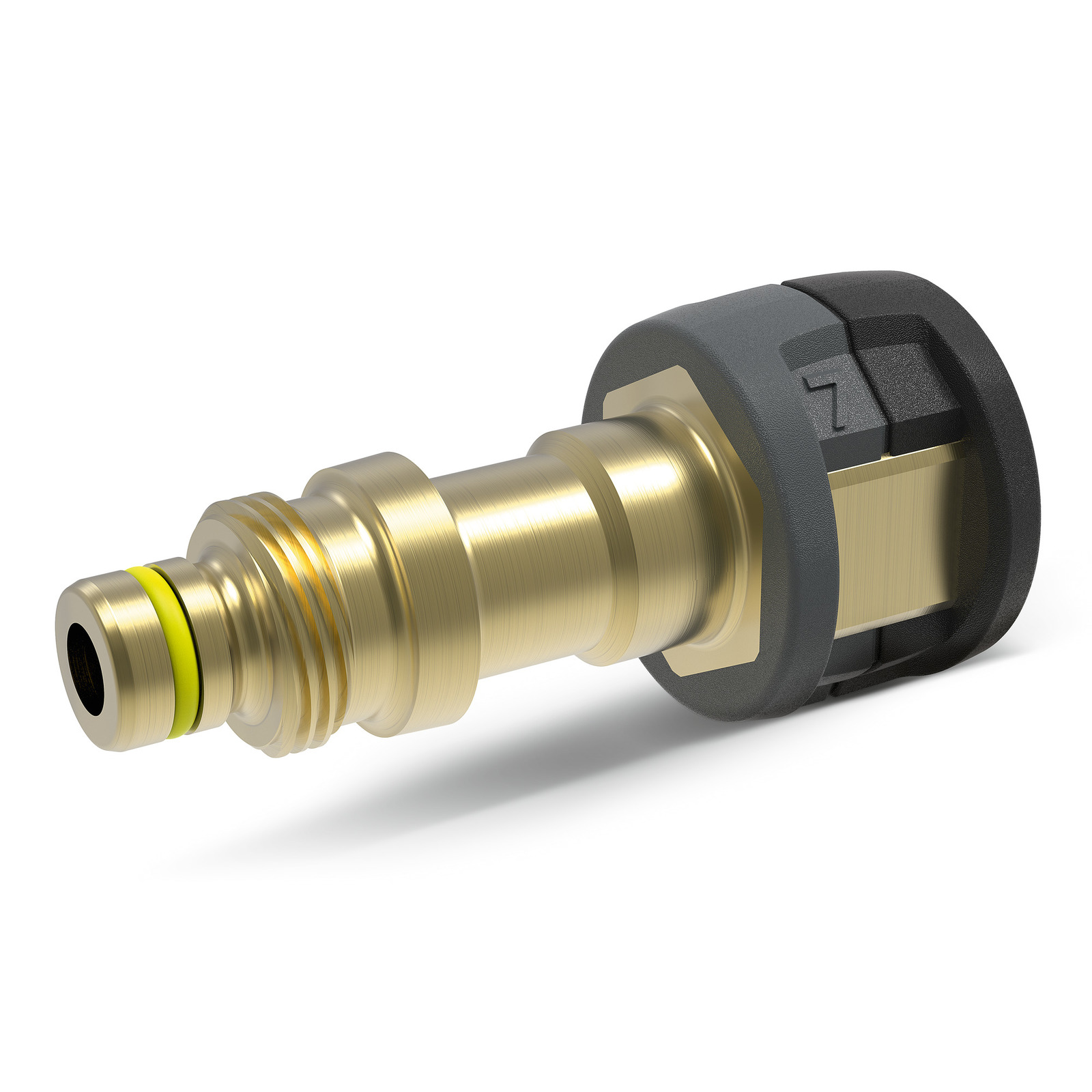 Brass connector with black plastic grip, featuring a yellow ring and threaded design, viewed from the side. Brass connector with black plastic grip, featuring a yellow ring and threaded design, viewed from the side.
