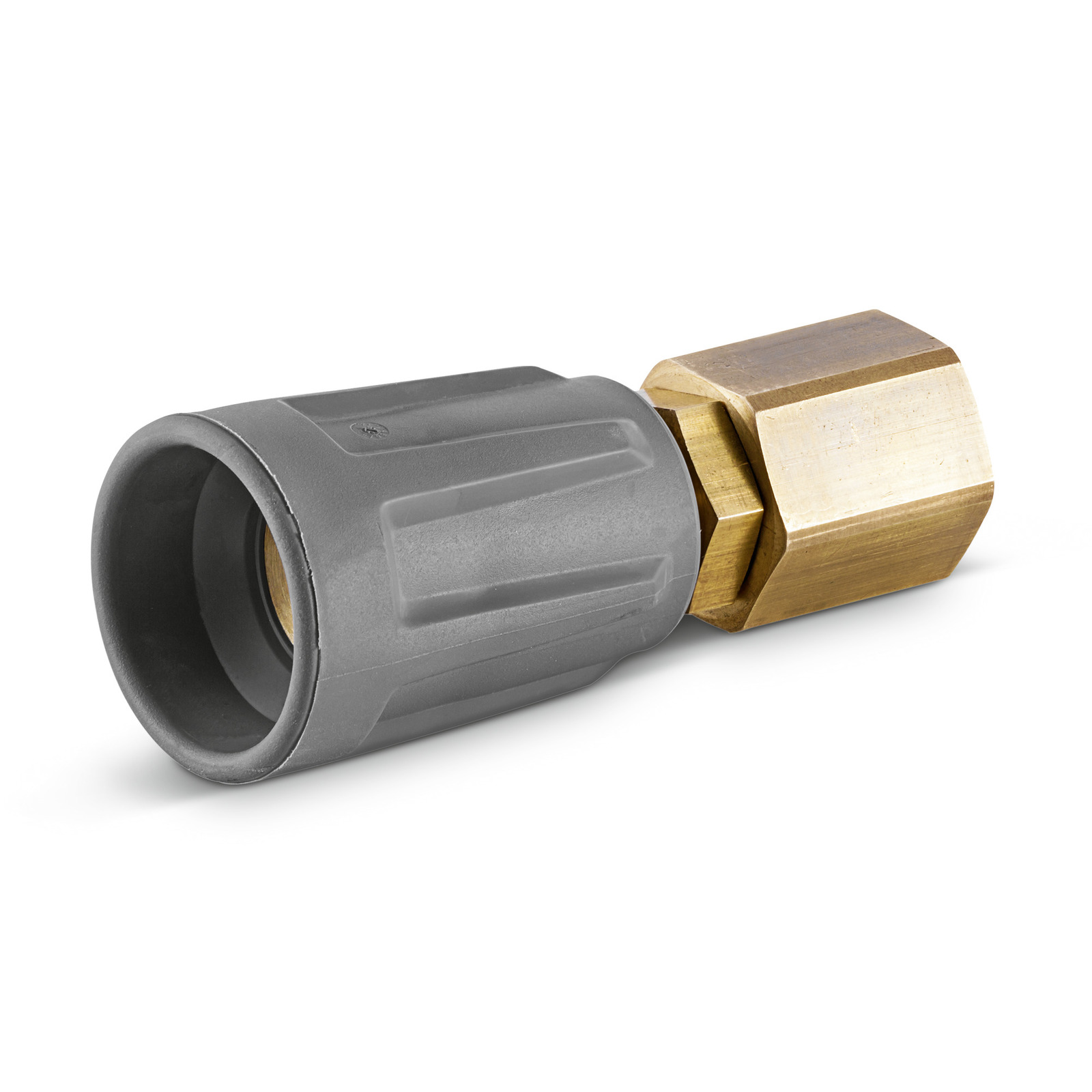 Grey plastic connector with brass hexagonal fitting, designed for Kärcher high-pressure cleaner.