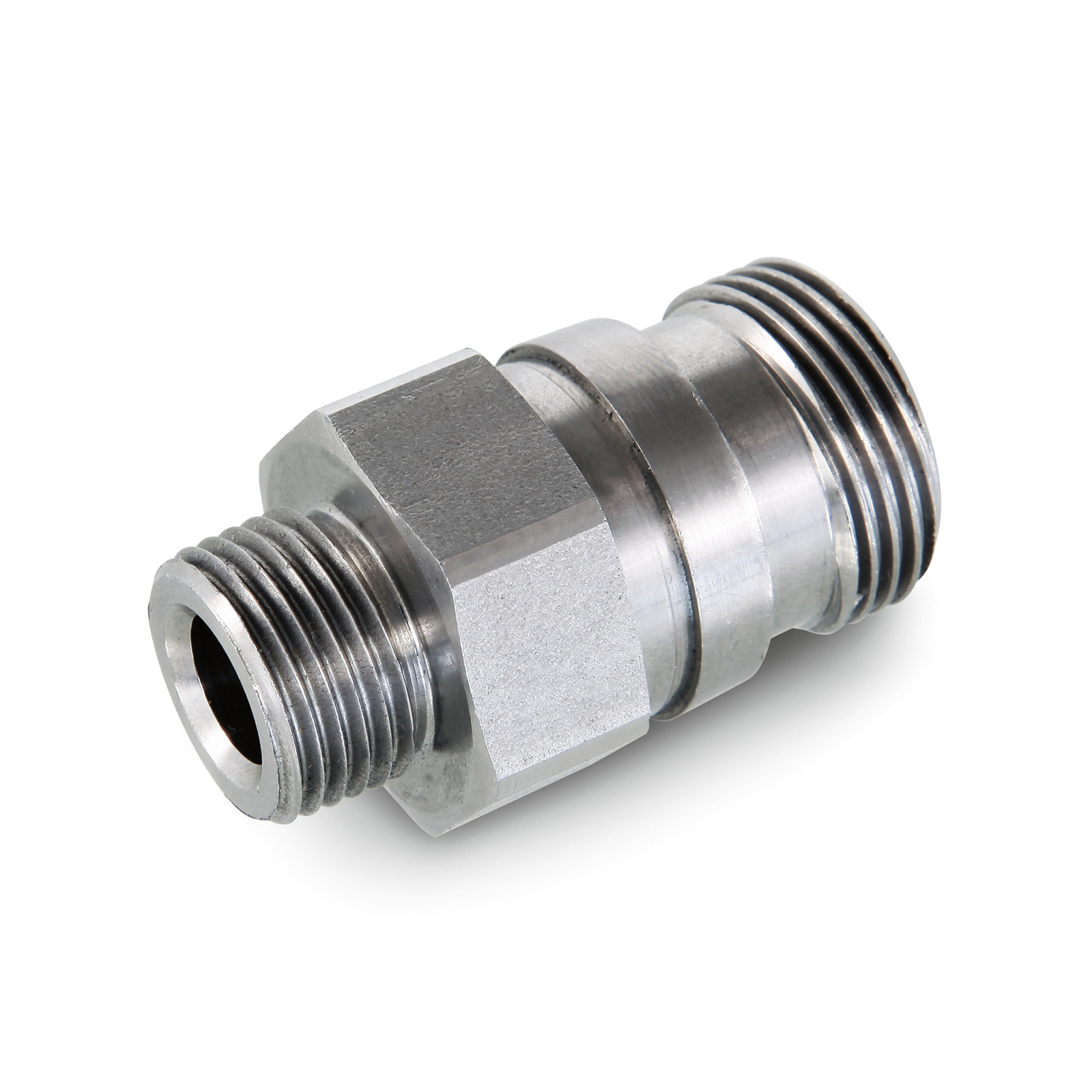 Metal adapter with hexagonal centre and threaded ends, isolated on white background. Metal adapter with hexagonal centre and threaded ends, isolated on white background.