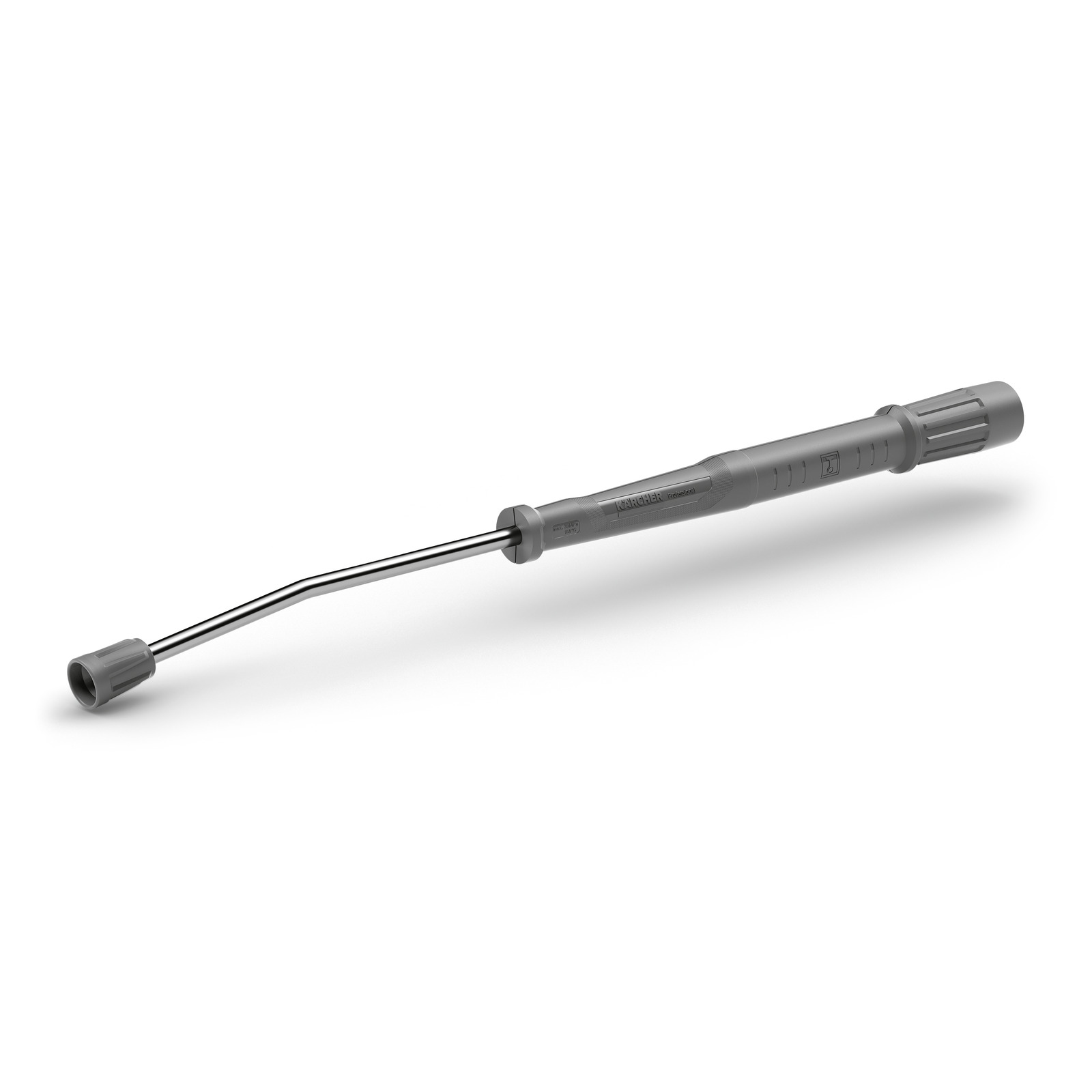 Kärcher spray lance with a grey handle and nozzle, featuring a slightly curved metal shaft. Kärcher spray lance with a grey handle and nozzle, featuring a slightly curved metal shaft.