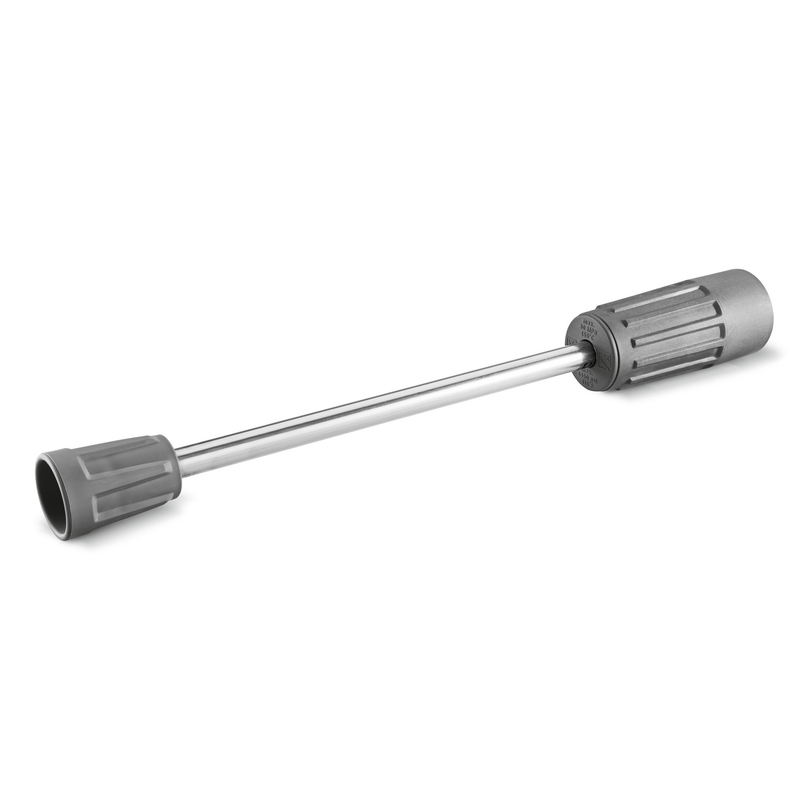 Kärcher high-pressure cleaner lance with grey plastic grips on both ends, isolated on a white background. Kärcher high-pressure cleaner lance with grey plastic grips on both ends, isolated on a white background.