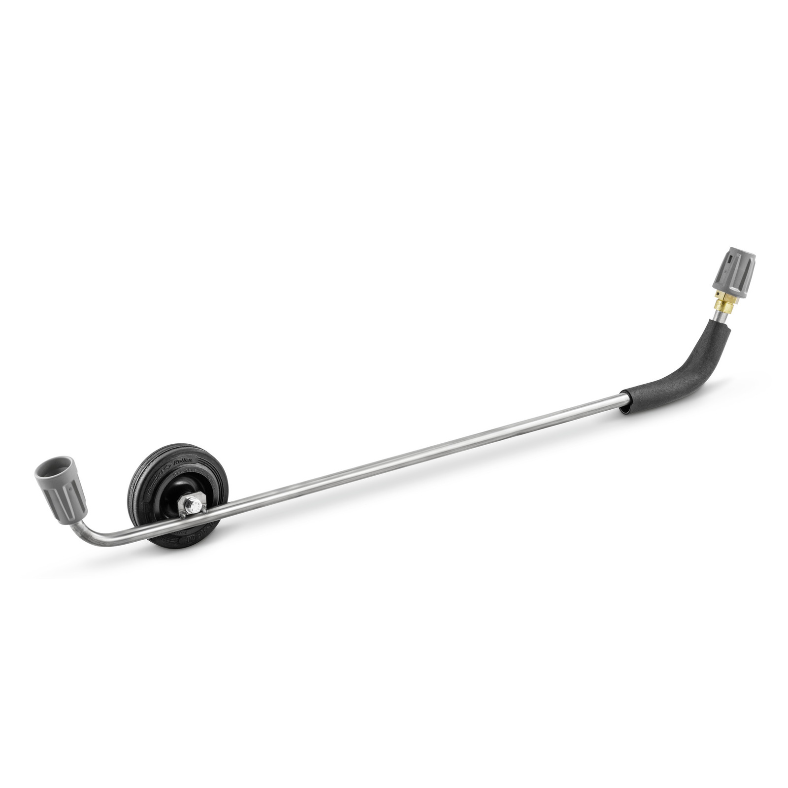 Kärcher spray lance with a wheel, featuring a curved metal tube and grey connectors at both ends.