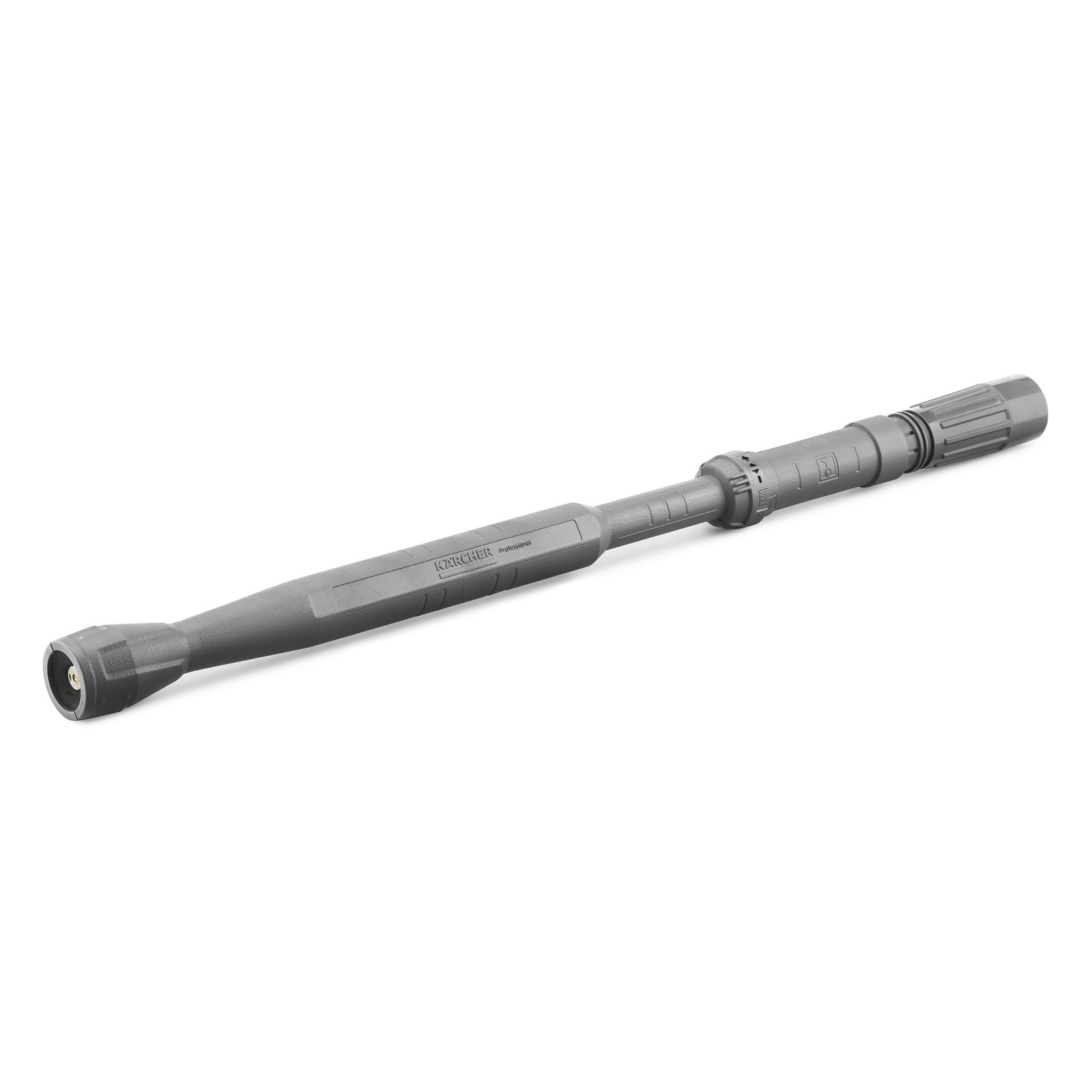 Grey Kärcher high-pressure cleaner lance with adjustable nozzle, shown on a white background. Grey Kärcher high-pressure cleaner lance with adjustable nozzle, shown on a white background.