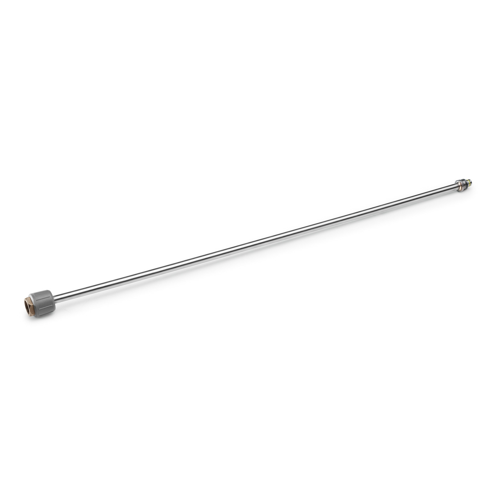 Long stainless steel lance with a grey connector on one end and a nozzle on the other, used for high-pressure cleaning.