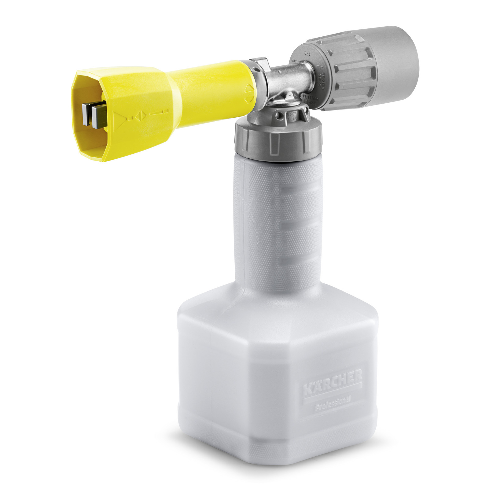 Kärcher foam nozzle with a yellow tip, grey handle, and white container, designed for professional cleaning.
