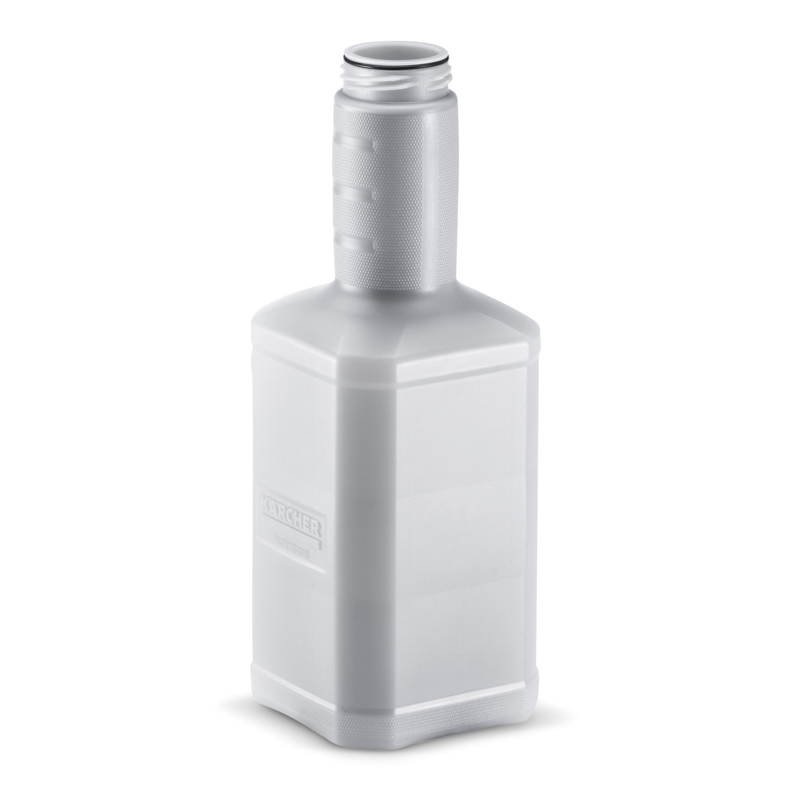 Grey Kärcher detergent bottle with textured grip and open top, set against a plain white background. Grey Kärcher detergent bottle with textured grip and open top, set against a plain white background.