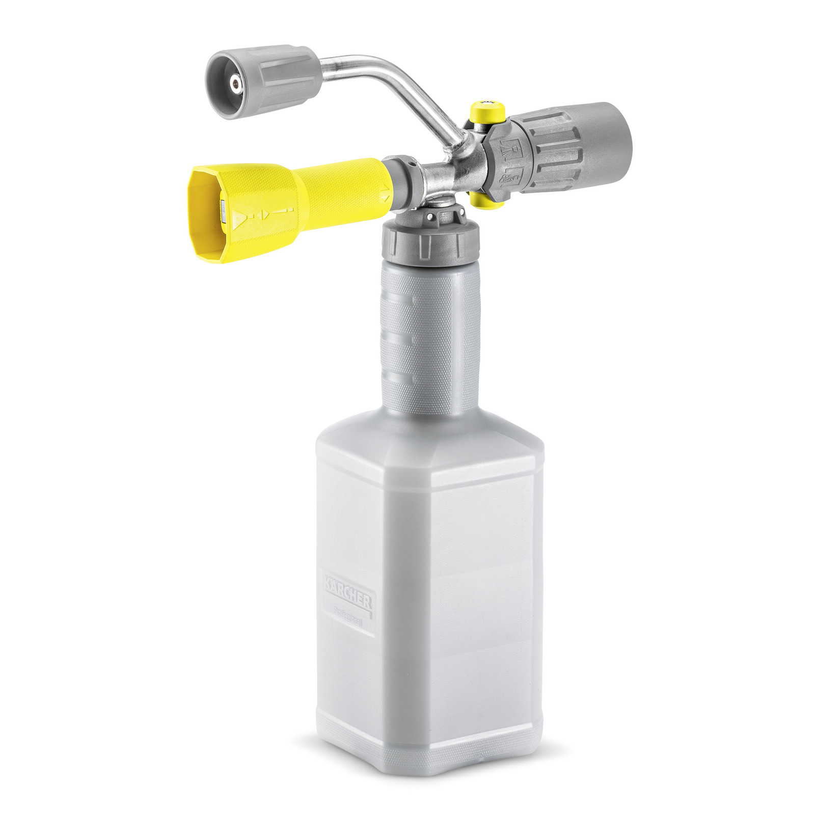 Kärcher foam nozzle with a grey bottle and yellow attachment, designed for cleaning applications.