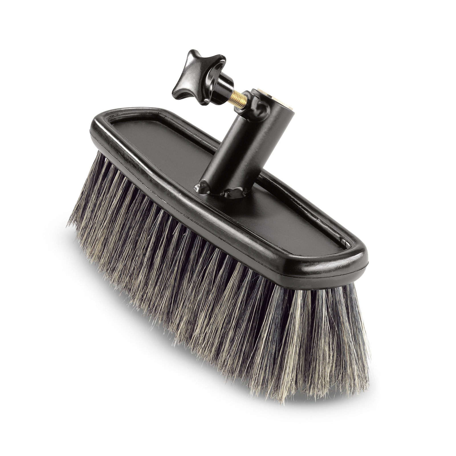 Black Kärcher brush attachment with dense bristles and a central knob for securing to a device. Black Kärcher brush attachment with dense bristles and a central knob for securing to a device.