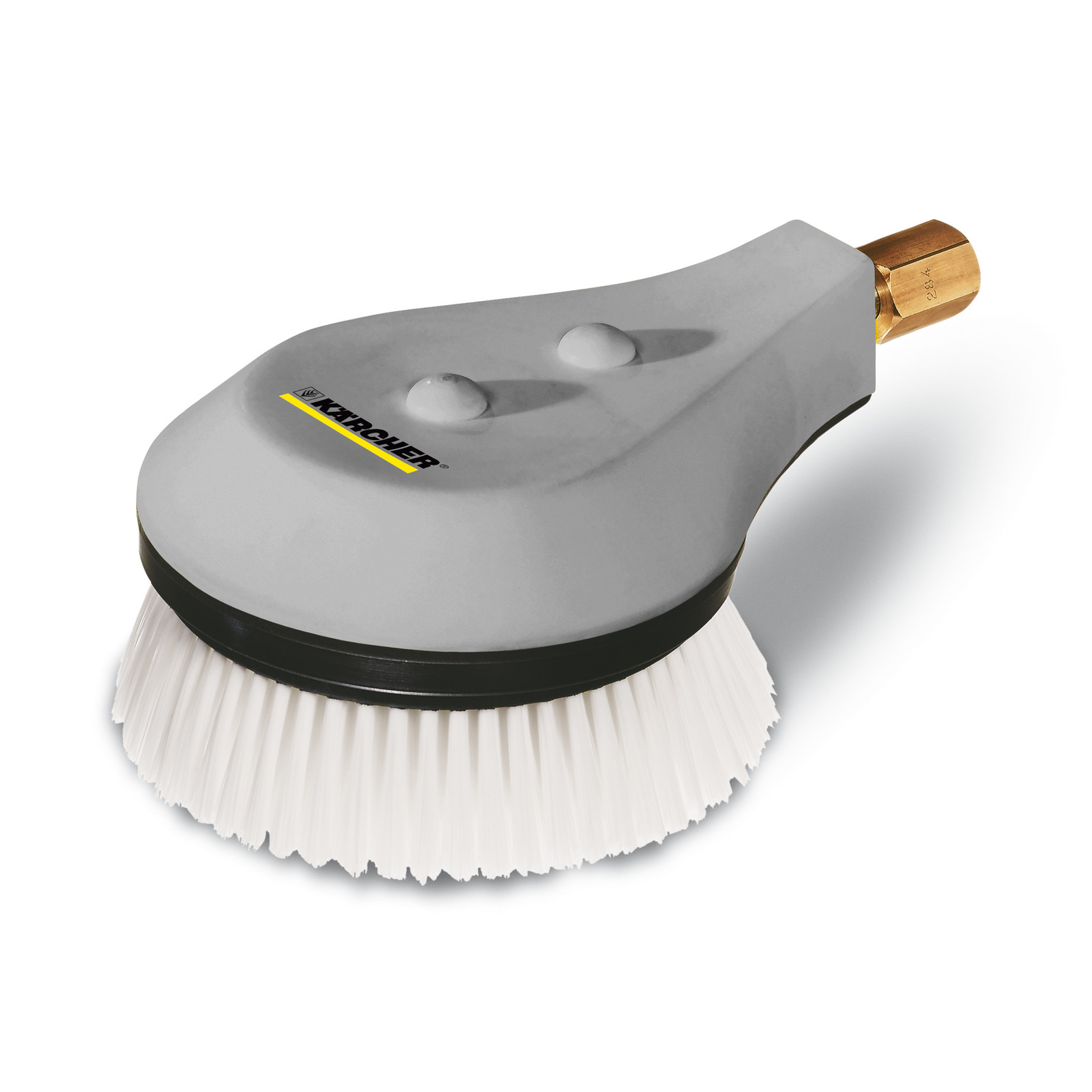 Kärcher round brush attachment with white bristles and grey handle, featuring a brass connector. Kärcher round brush attachment with white bristles and grey handle, featuring a brass connector.