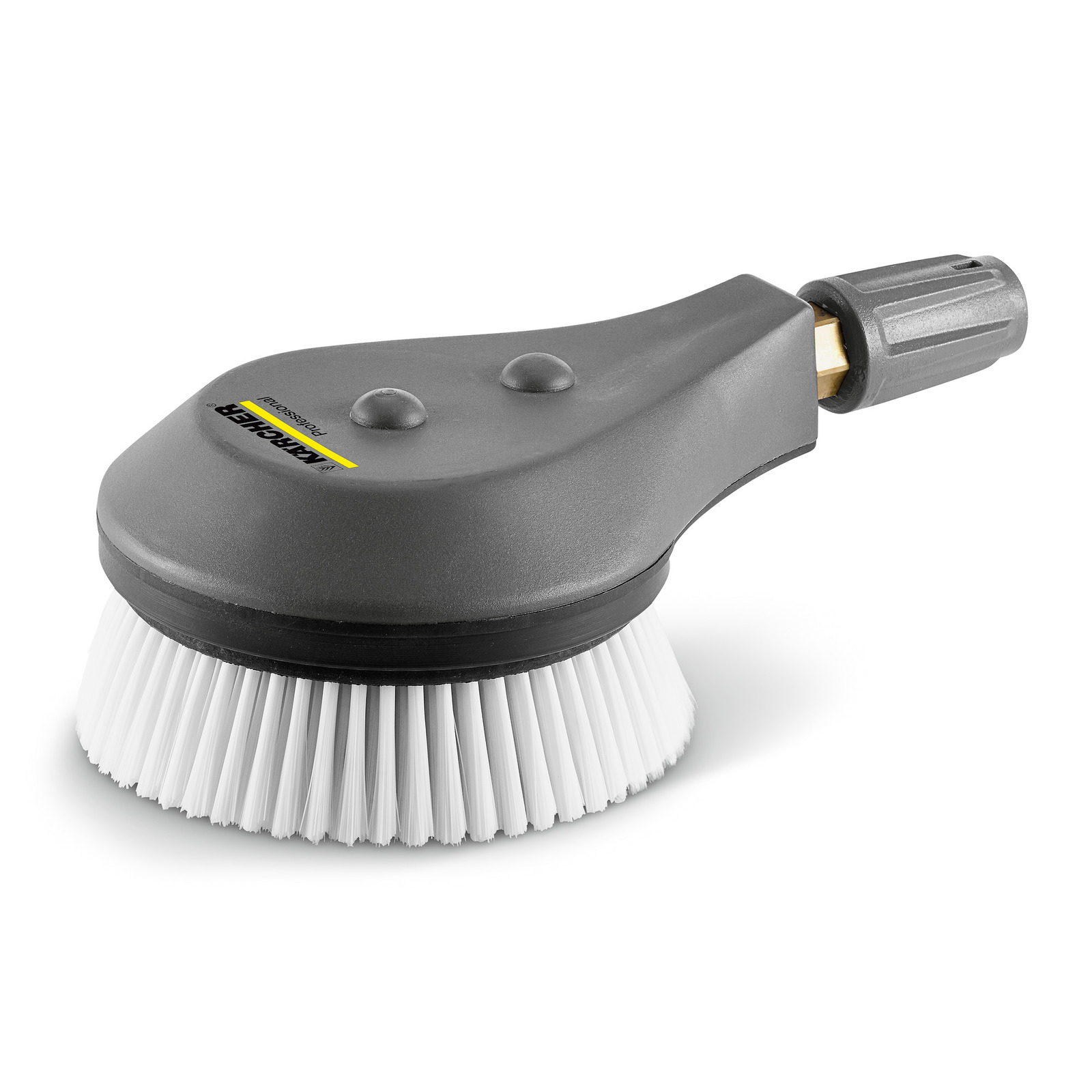 Kärcher rotating wash brush with grey handle and white bristles, designed for cleaning surfaces. Kärcher rotating wash brush with grey handle and white bristles, designed for cleaning surfaces.