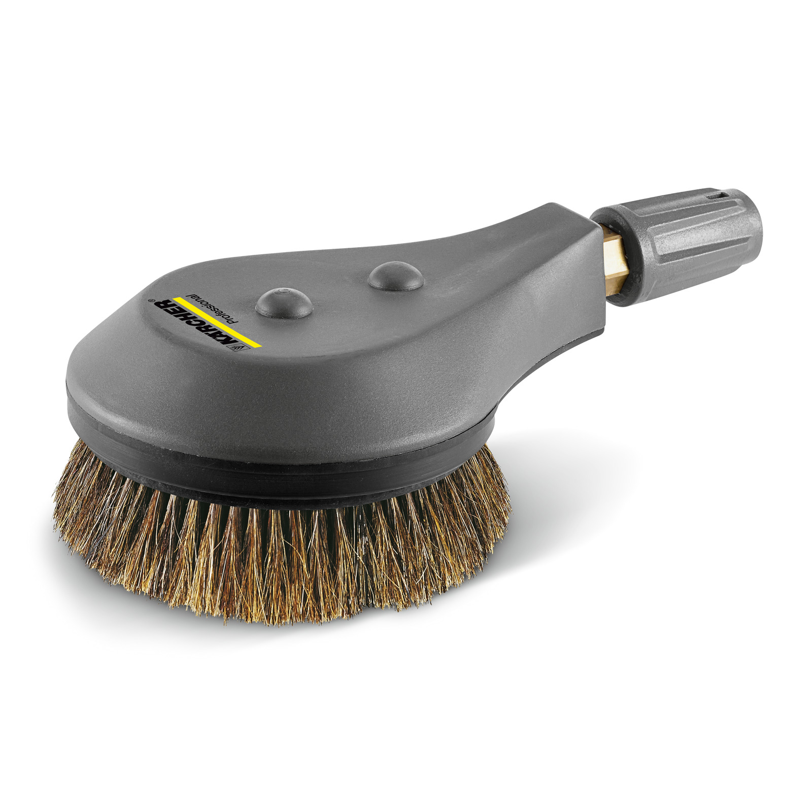 Kärcher rotating wash brush with brown bristles and a grey plastic handle, designed for cleaning surfaces. Kärcher rotating wash brush with brown bristles and a grey plastic handle, designed for cleaning surfaces.