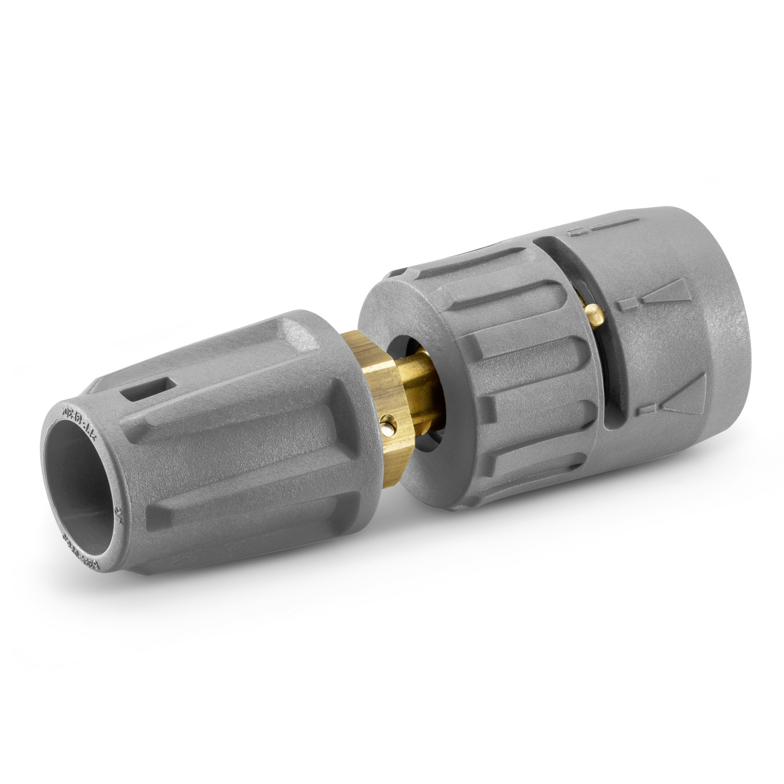 Grey Kärcher hose connector with brass interior, featuring ridged grips and arrow markings on a white background. Grey Kärcher hose connector with brass interior, featuring ridged grips and arrow markings on a white background.