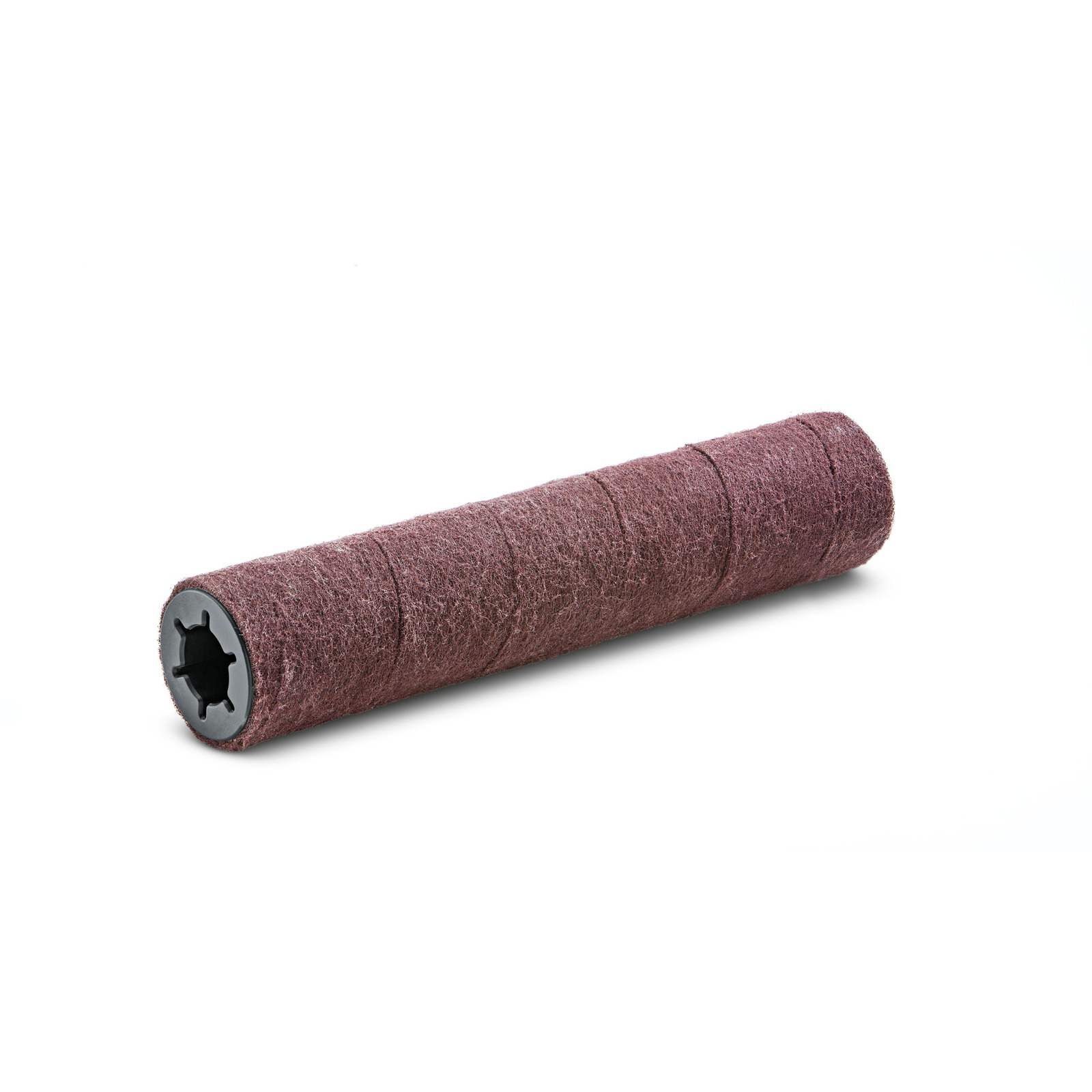 Brown cylindrical roller brush with textured surface and black plastic core, isolated on a white background.