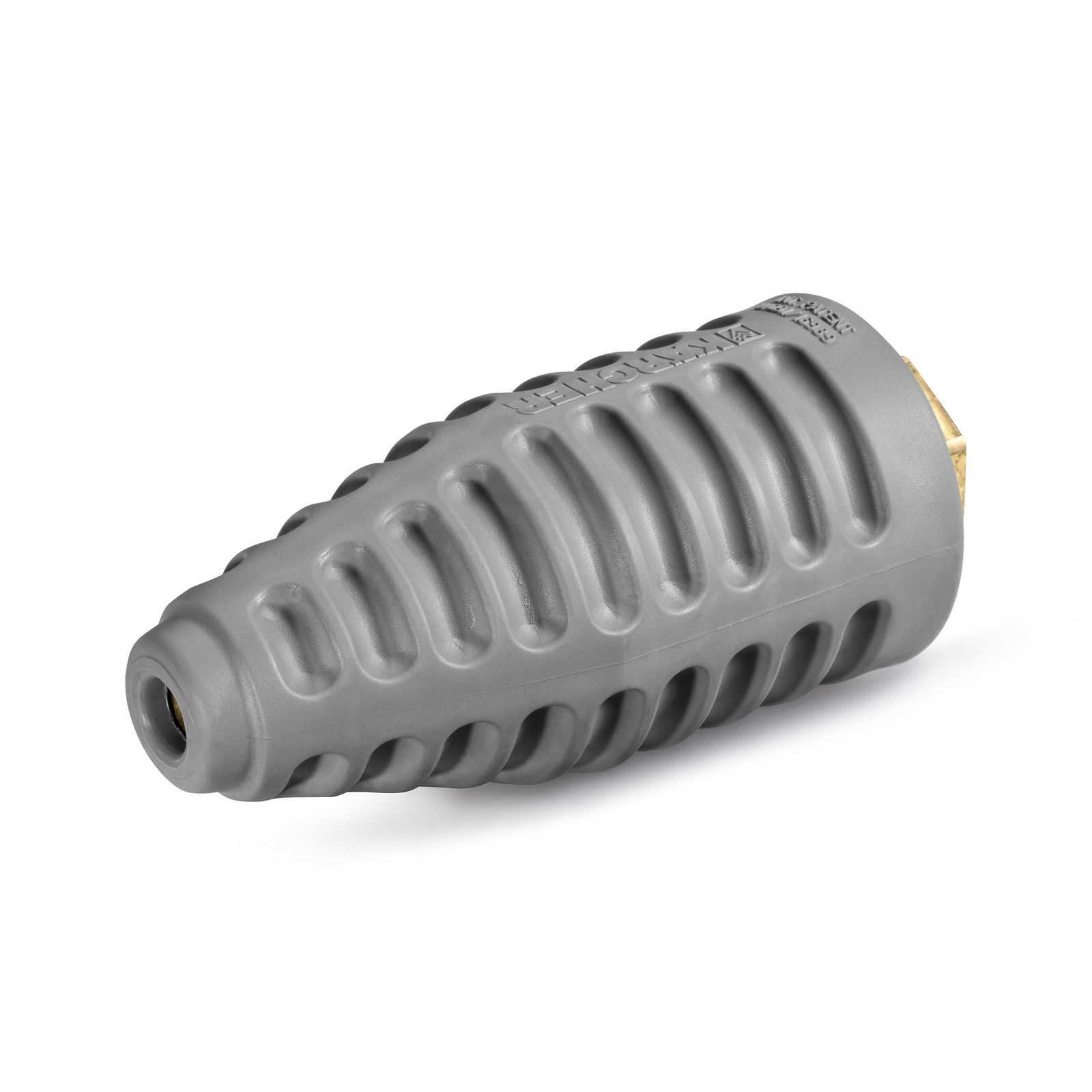 Grey Kärcher high-pressure cleaner nozzle with ribbed design and brass connector. Grey Kärcher high-pressure cleaner nozzle with ribbed design and brass connector.