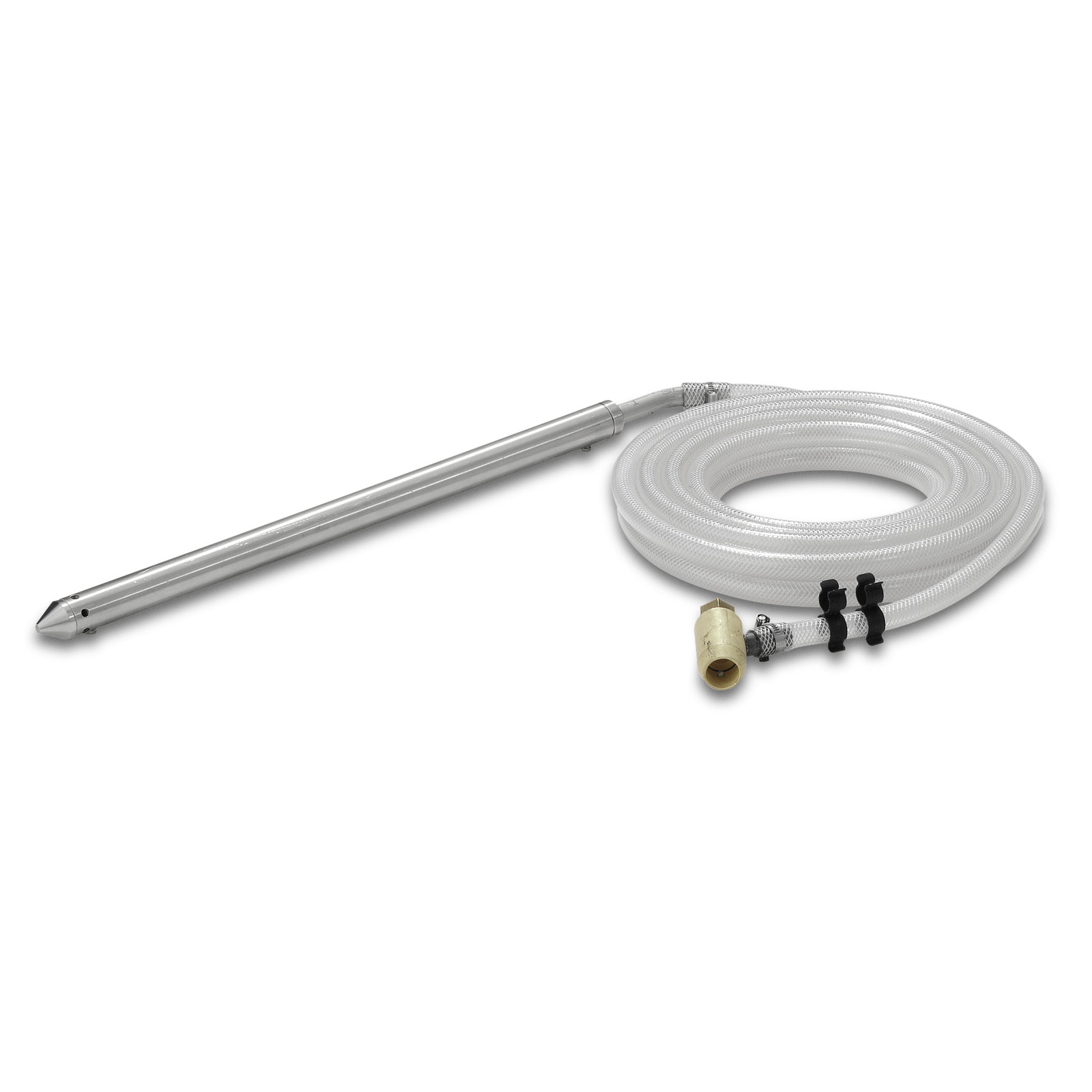 Kärcher pipe cleaning set with a long metal nozzle and coiled transparent hose, featuring a brass connector.