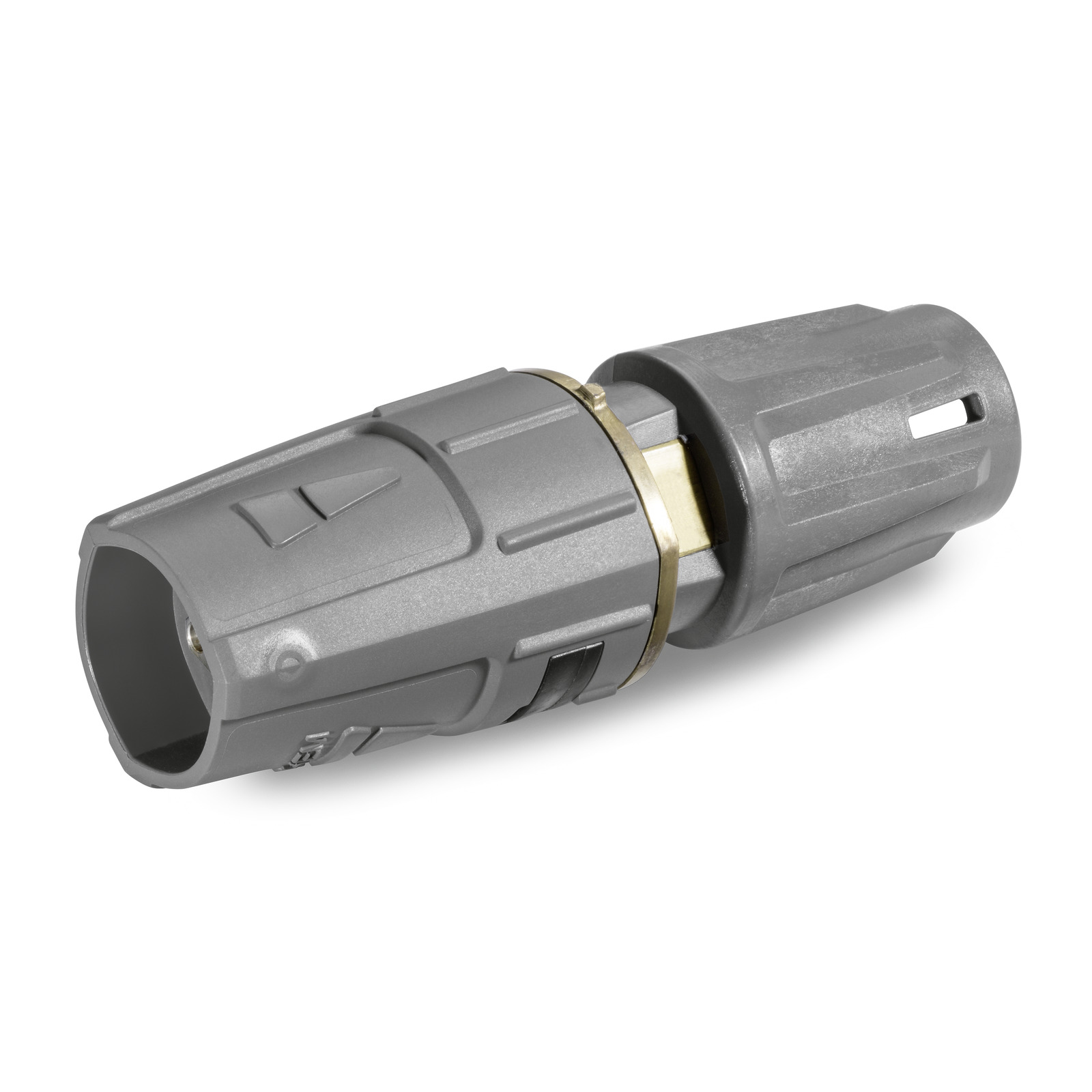 Grey Kärcher nozzle attachment with textured grip and brass connector, isolated on a white background. Grey Kärcher nozzle attachment with textured grip and brass connector, isolated on a white background.