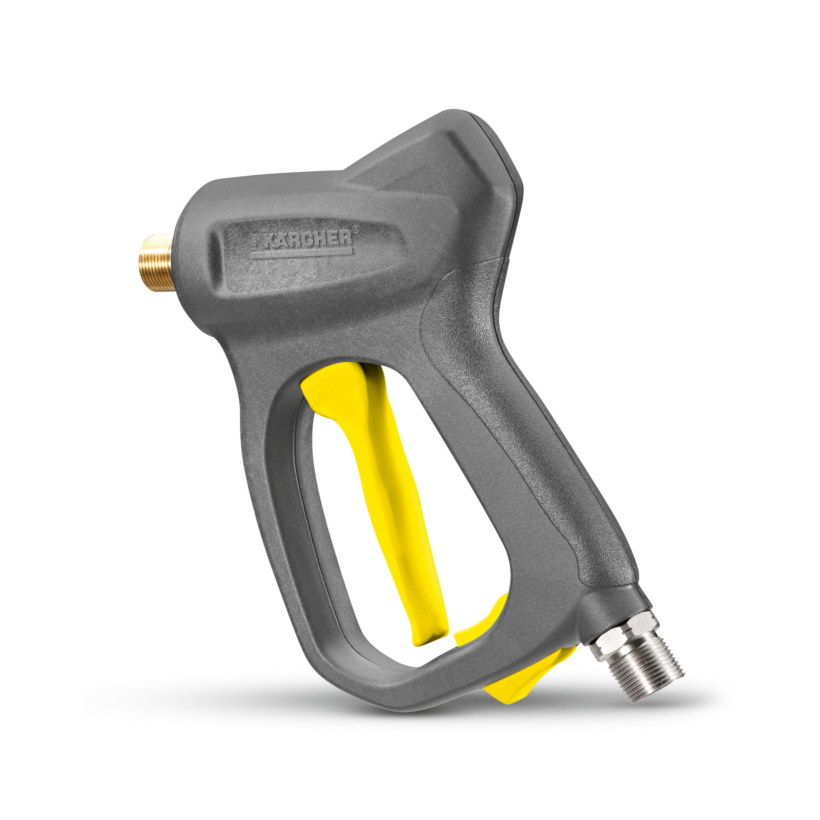 Grey Kärcher high-pressure cleaner trigger gun with yellow accents, isolated on a white background.