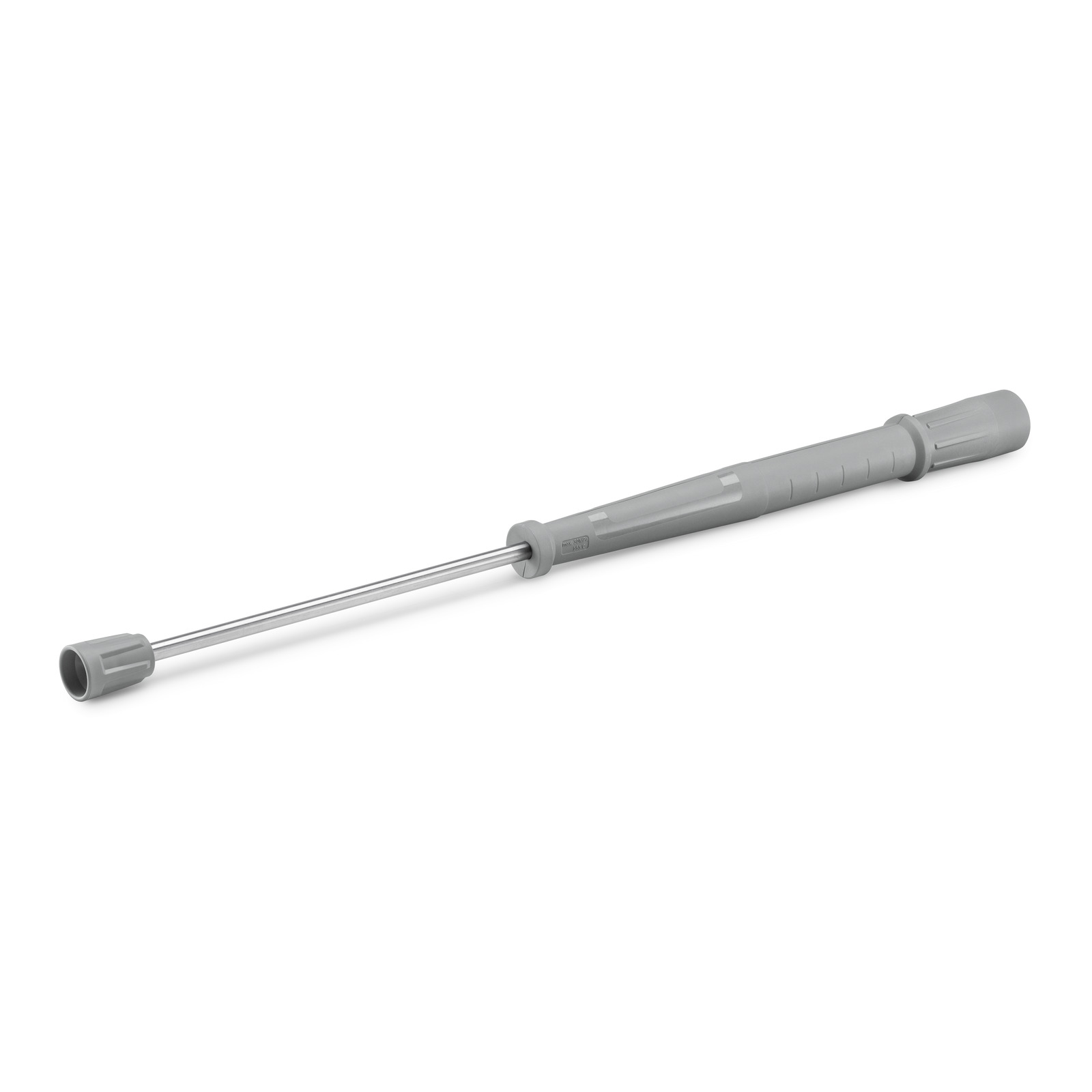 Grey Kärcher spray lance with ergonomic grip, lying on a white background. Grey Kärcher spray lance with ergonomic grip, lying on a white background.