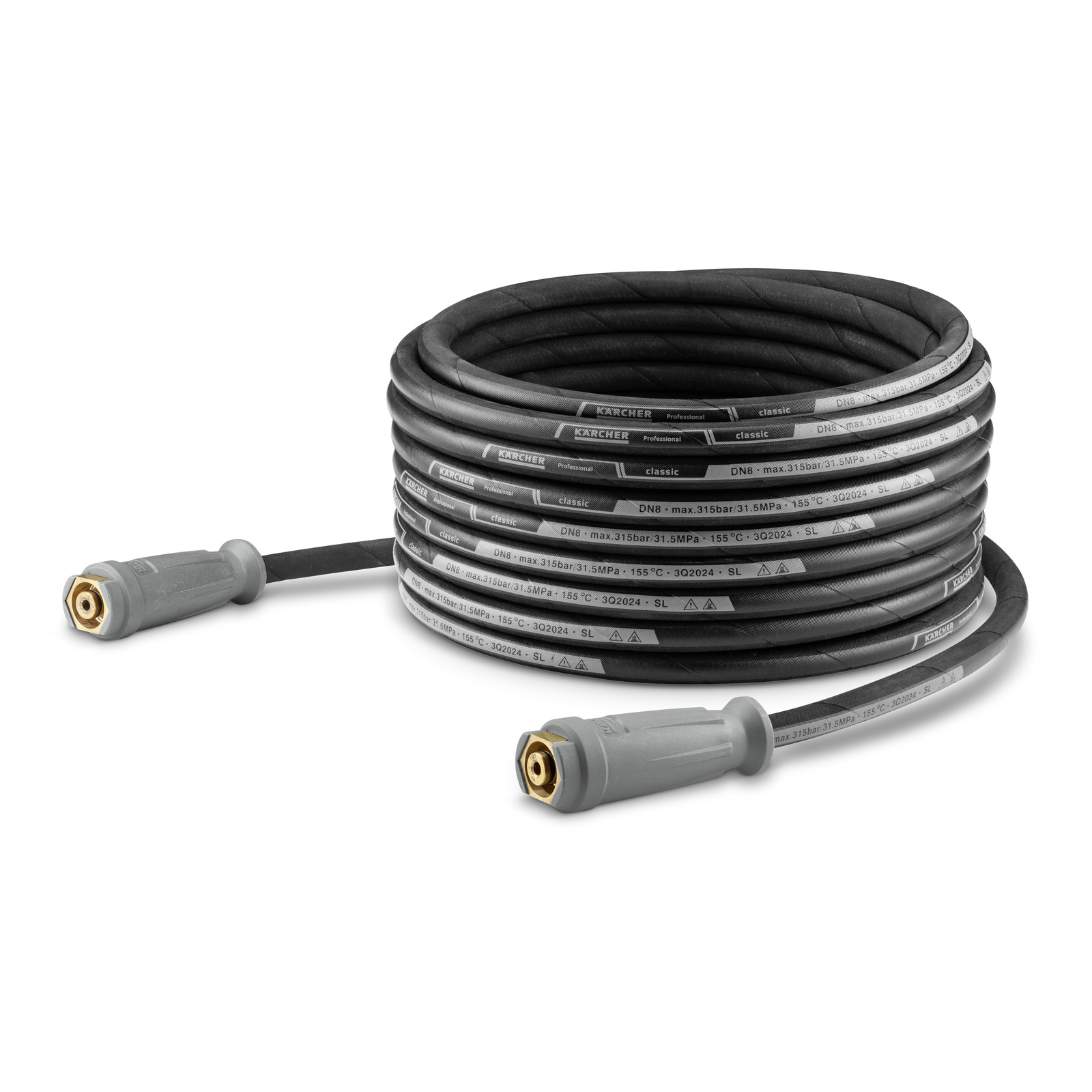 Coiled Kärcher high-pressure hose with grey connectors on a white background.