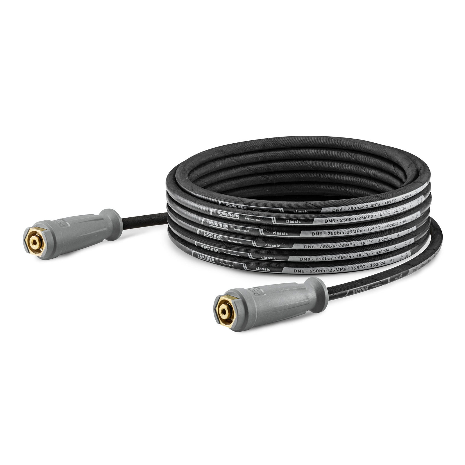 Coiled Kärcher high-pressure hose with grey connectors on both ends, labelled with specifications.