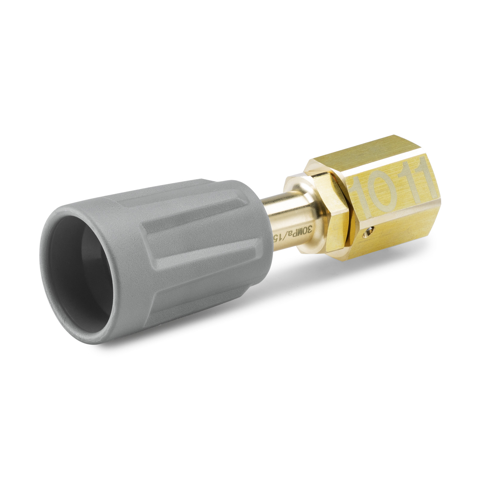 Grey Kärcher nozzle with a brass connector, featuring engraved numbers "1011" on the hexagonal end. Grey Kärcher nozzle with a brass connector, featuring engraved numbers "1011" on the hexagonal end.