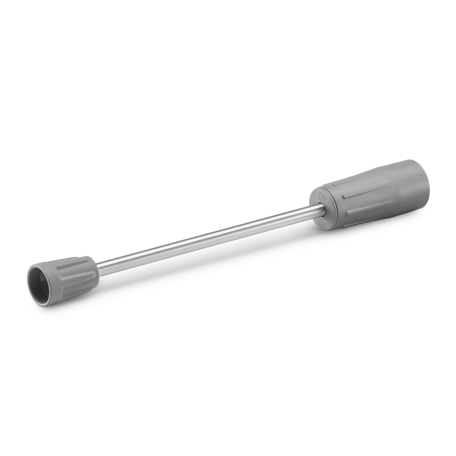 Grey Kärcher spray lance with ribbed grips on both ends, set against a white background. Grey Kärcher spray lance with ribbed grips on both ends, set against a white background.