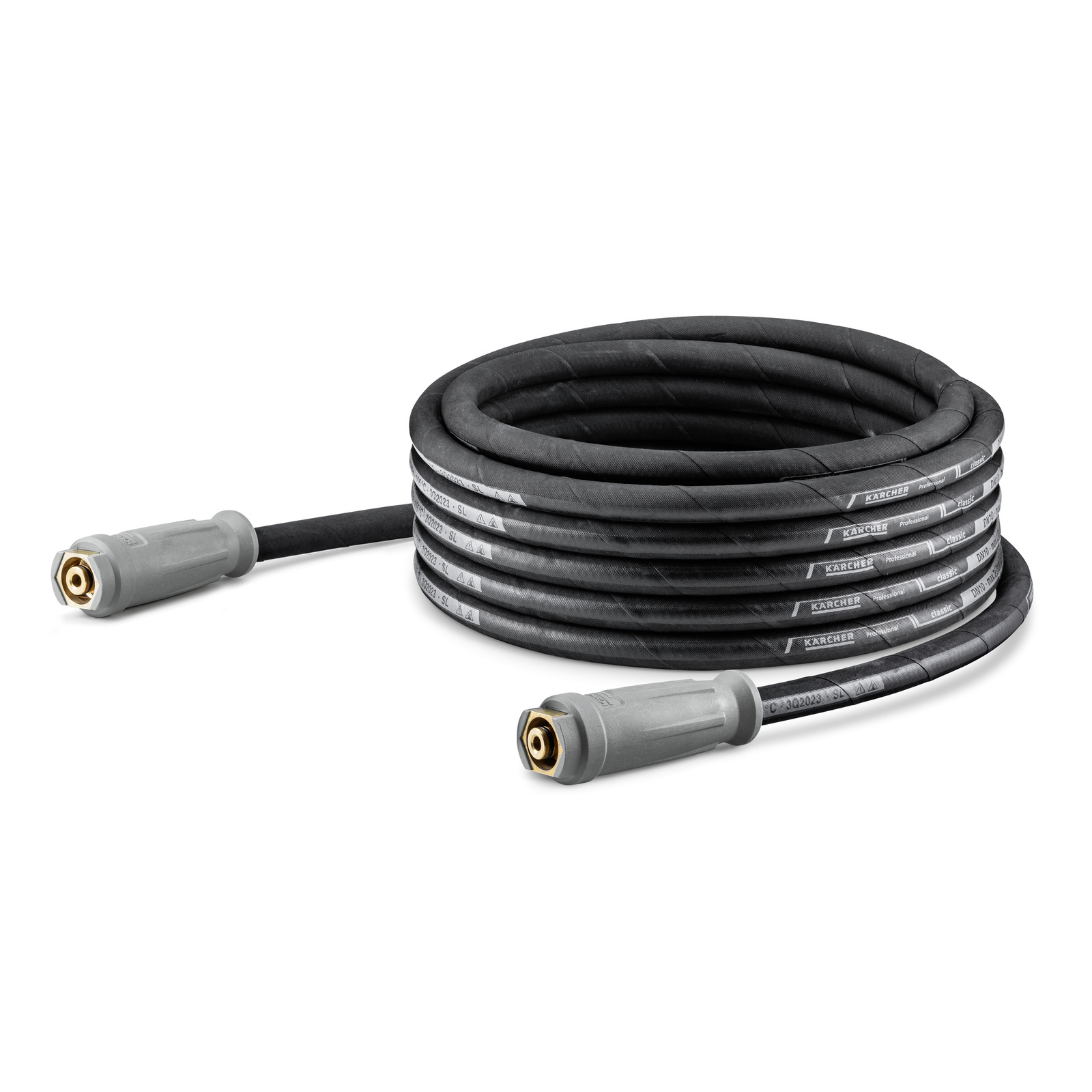 Coiled Kärcher high-pressure hose with grey connectors on a white background.