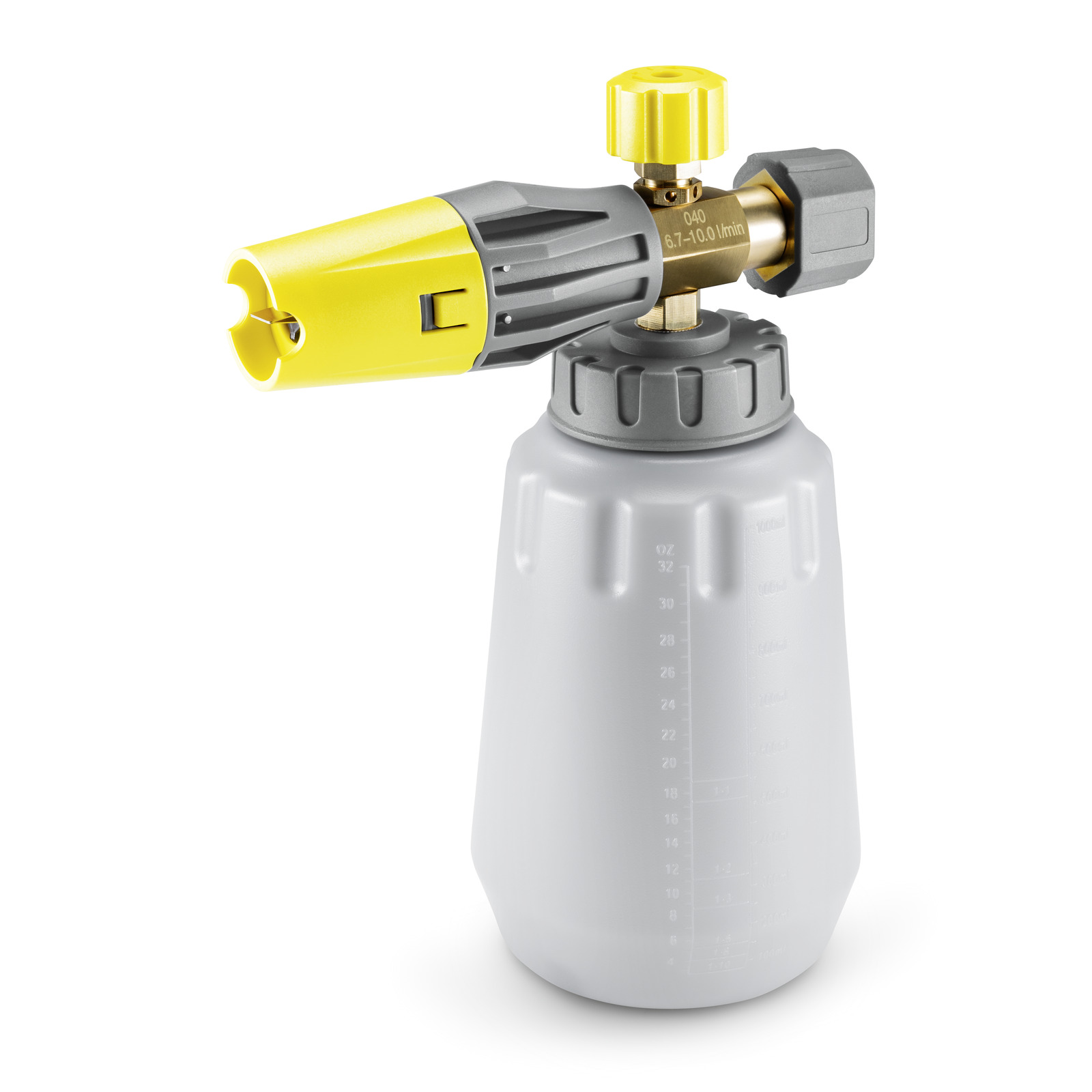 Kärcher foam nozzle with a grey container and yellow adjustable spray head. Kärcher foam nozzle with a grey container and yellow adjustable spray head.