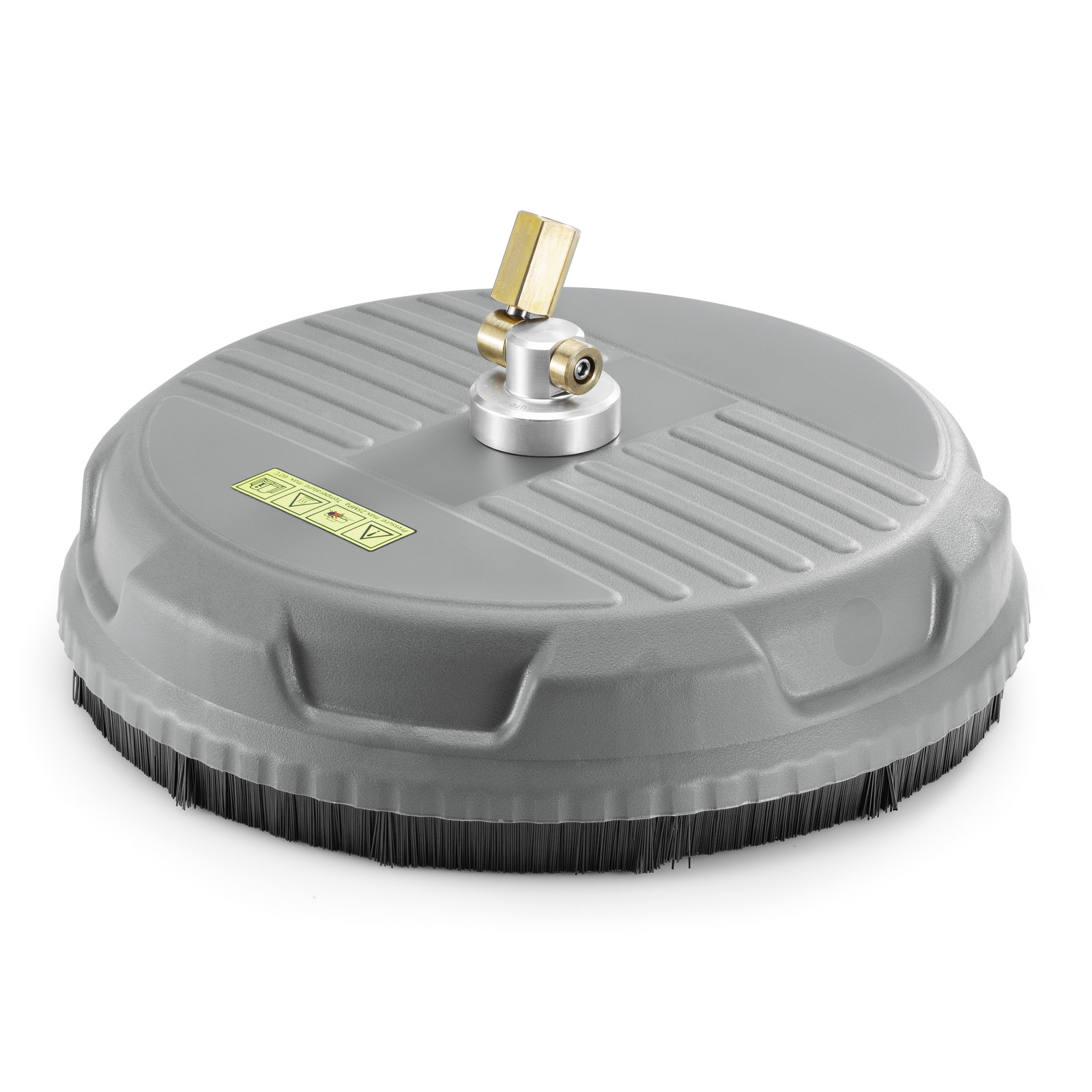 Grey Kärcher surface cleaner with bristles, featuring a central brass nozzle and textured top. Grey Kärcher surface cleaner with bristles, featuring a central brass nozzle and textured top.