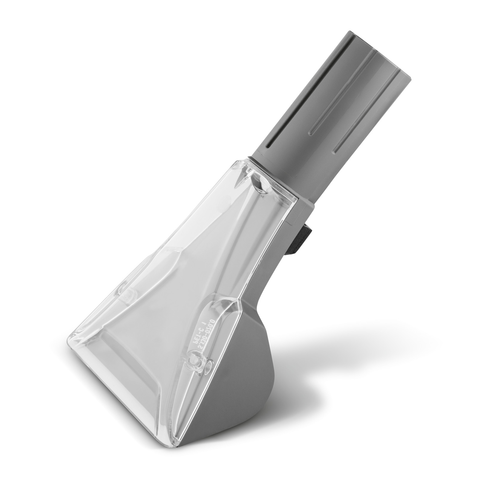Grey Kärcher spray extraction nozzle with transparent plastic head and angled design. Grey Kärcher spray extraction nozzle with transparent plastic head and angled design.