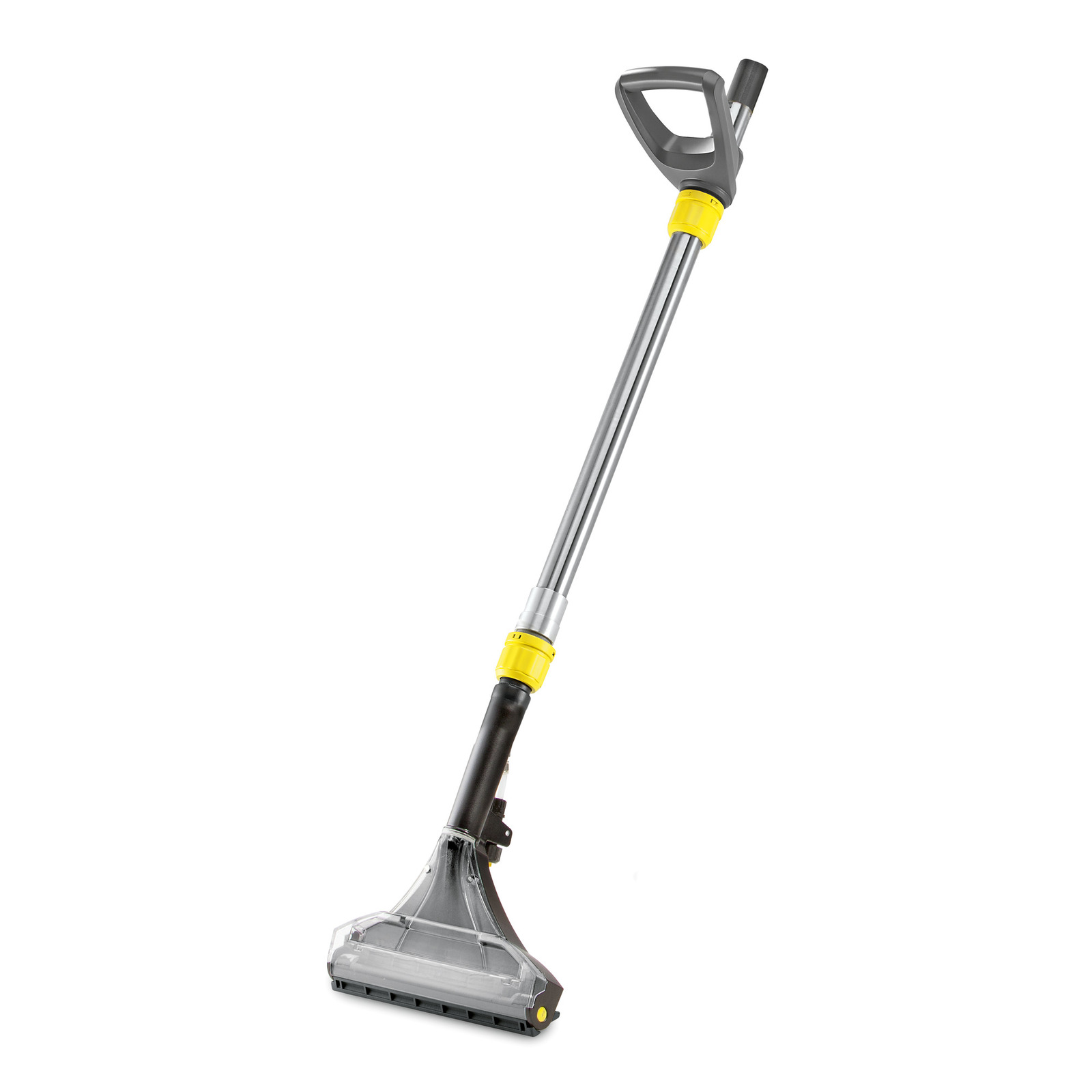 Kärcher carpet cleaning tool with a long handle, grey and yellow accents, and a transparent nozzle.